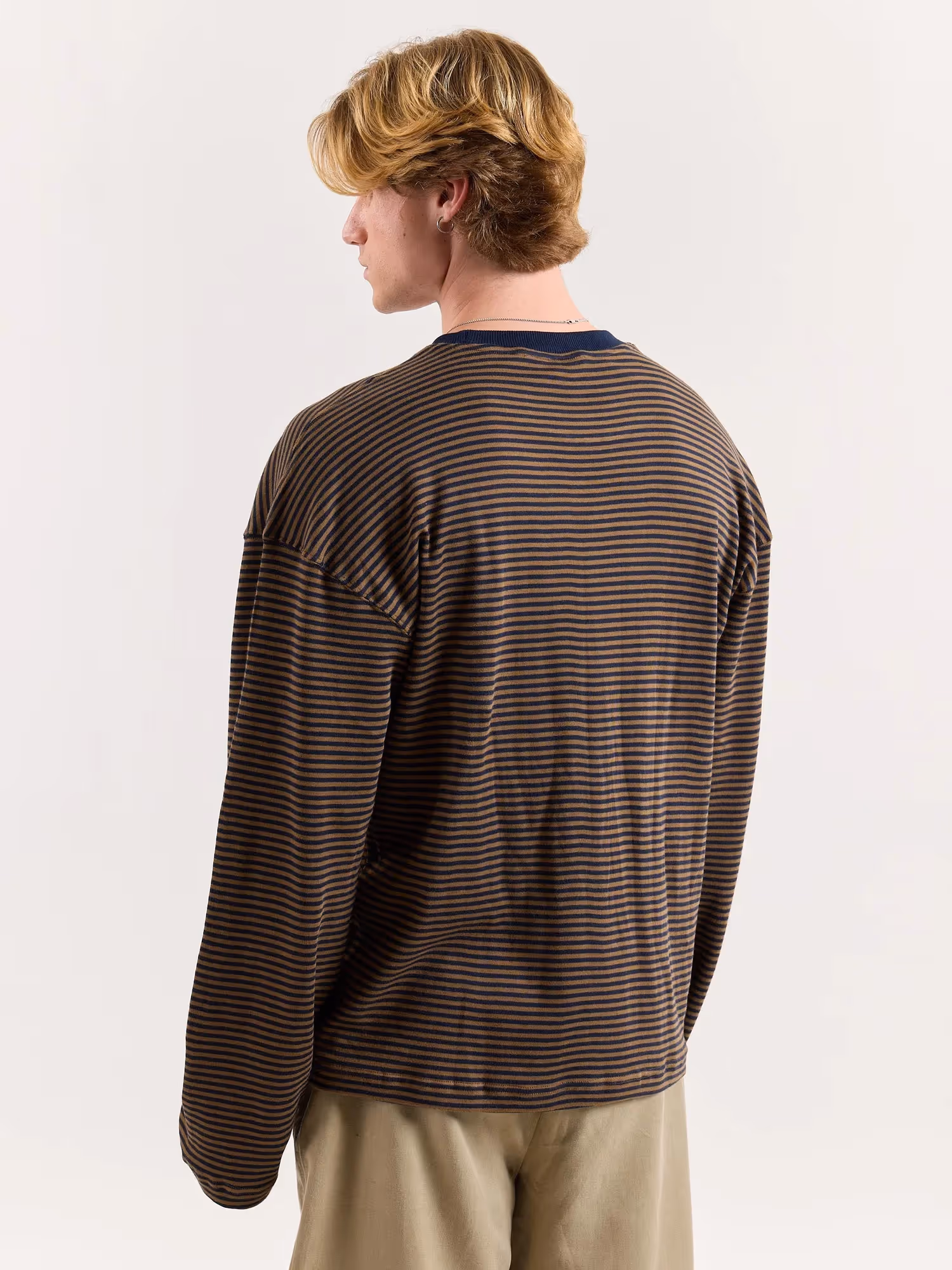 Navy and Dark Beige Knit Striped Loose Fit Cropped T-Shirt image 8