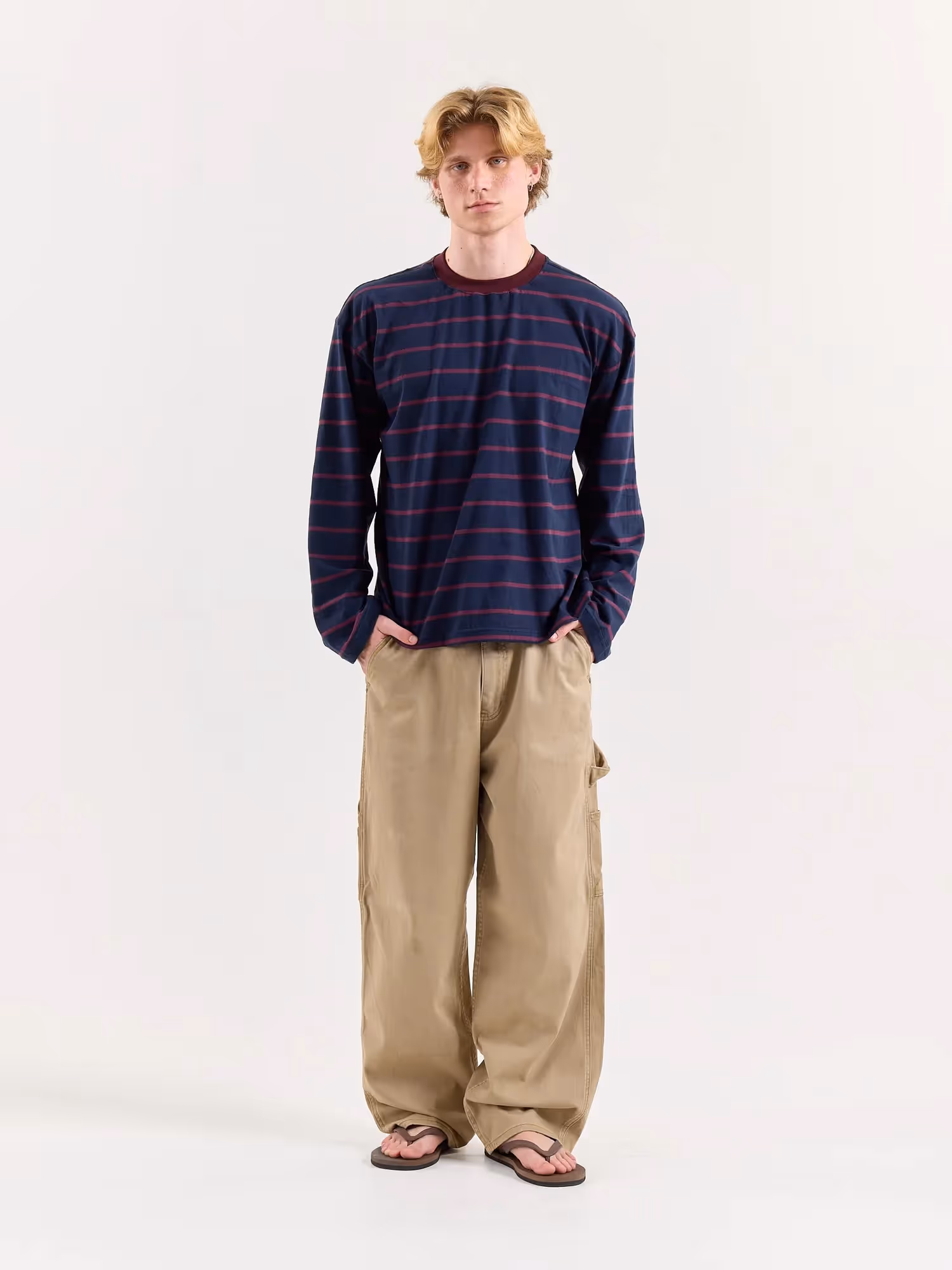 Navy & Plum Striped Loose Fit Cropped T-Shirt image 1