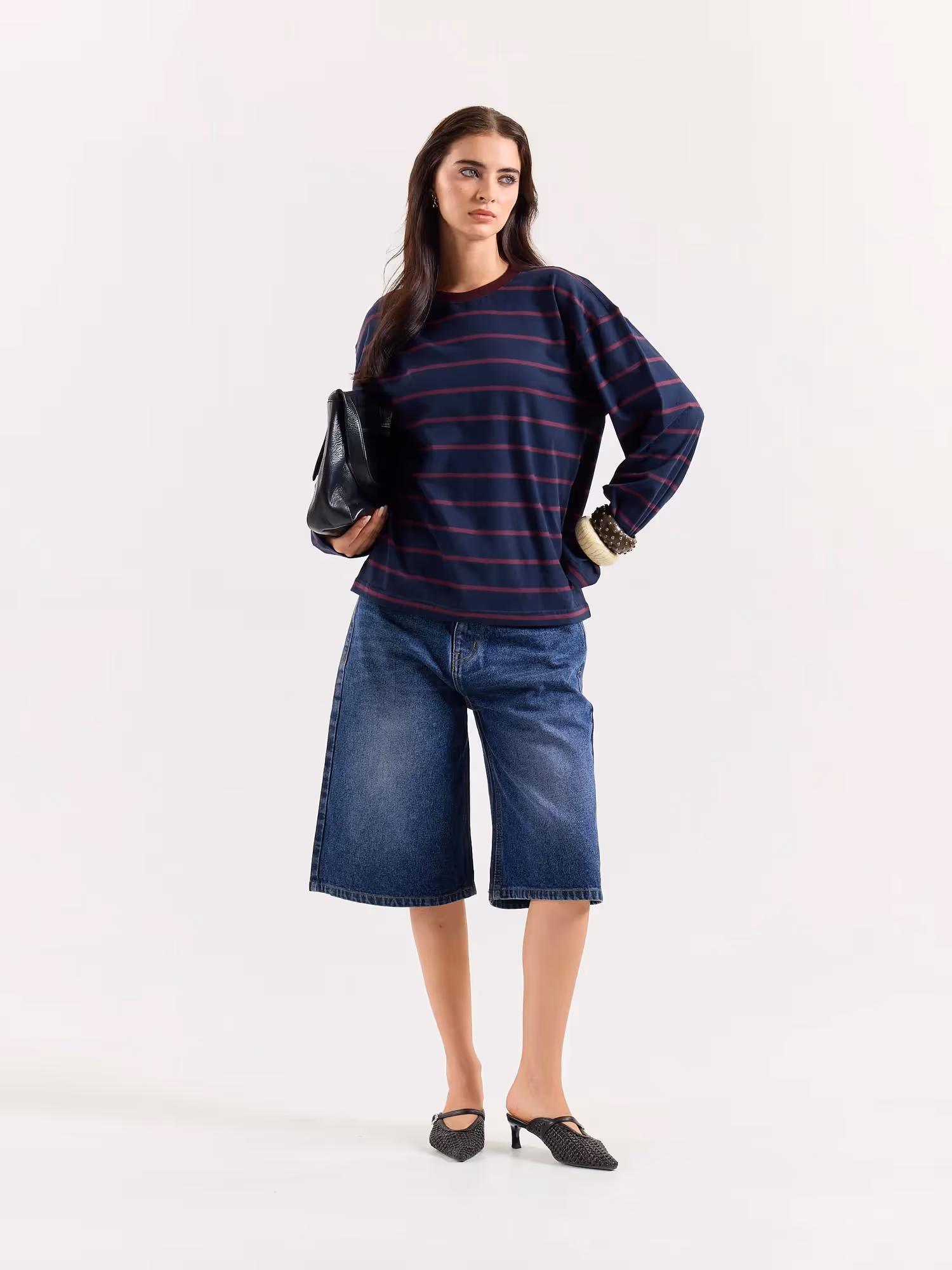 Navy & Plum Striped Loose Fit Cropped T-Shirt image 2