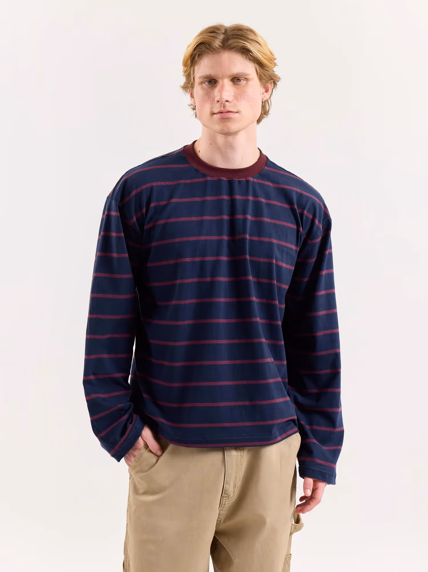 Navy & Plum Striped Loose Fit Cropped T-Shirt image 3