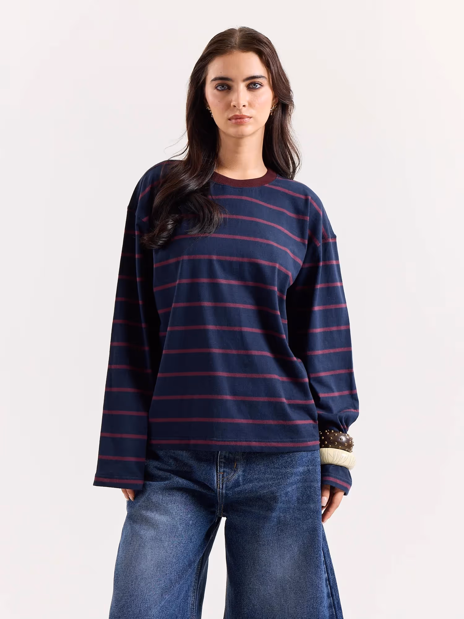 Navy & Plum Striped Loose Fit Cropped T-Shirt image 4