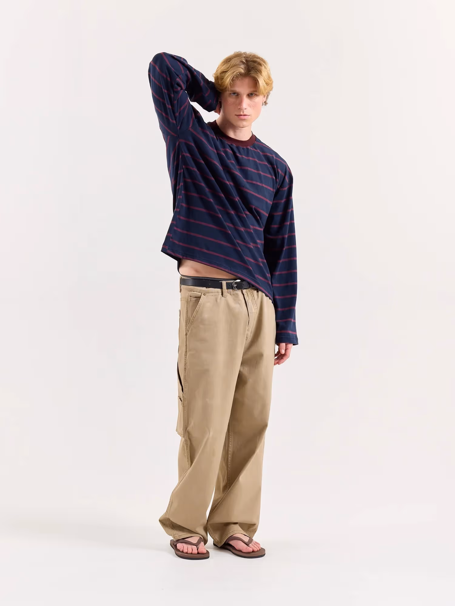 Navy & Plum Striped Loose Fit Cropped T-Shirt image 5