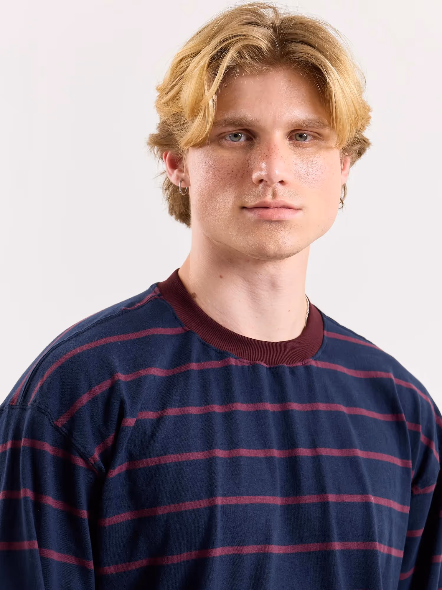 Navy & Plum Striped Loose Fit Cropped T-Shirt image 6