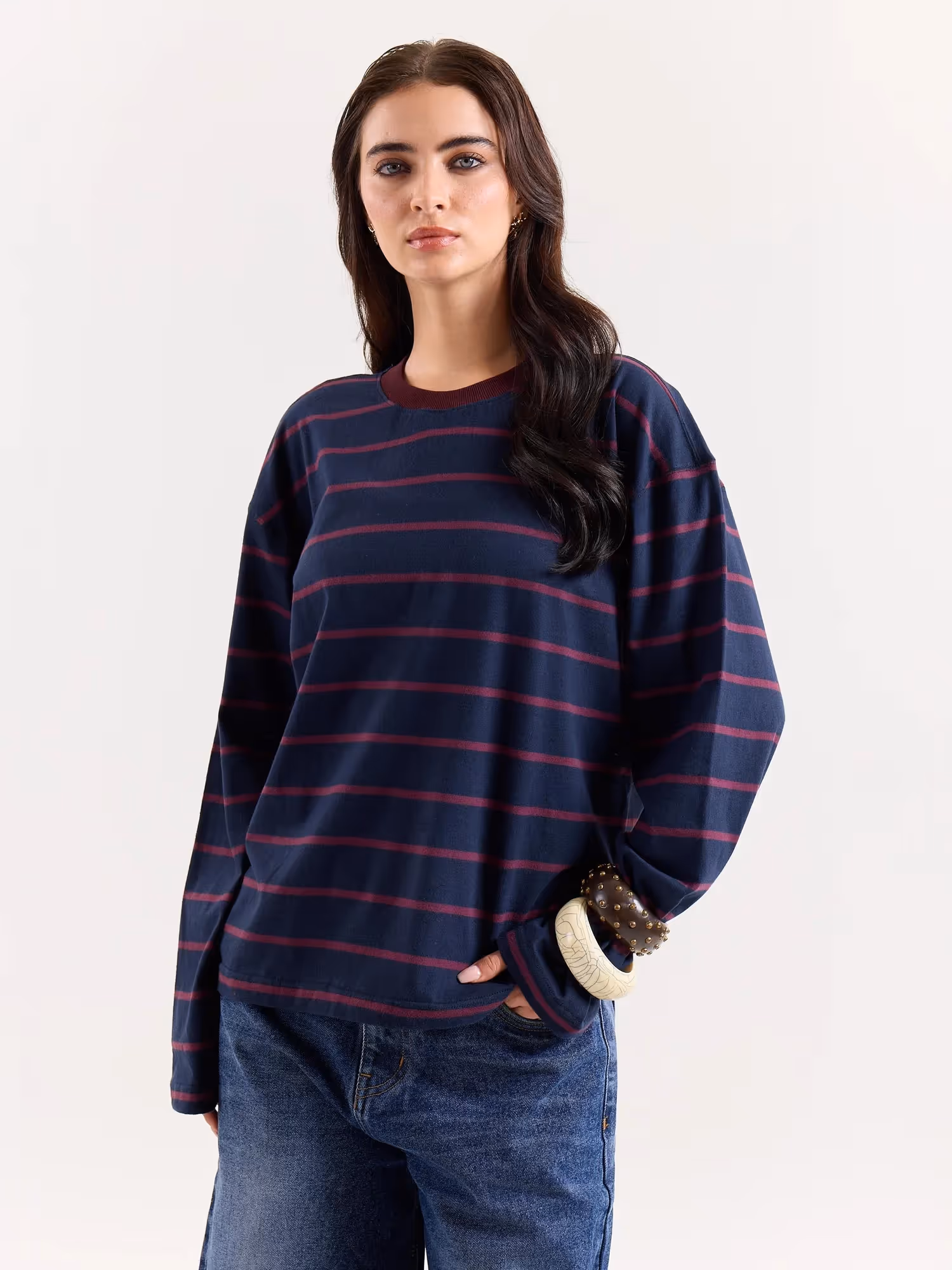 Navy & Plum Striped Loose Fit Cropped T-Shirt image 7