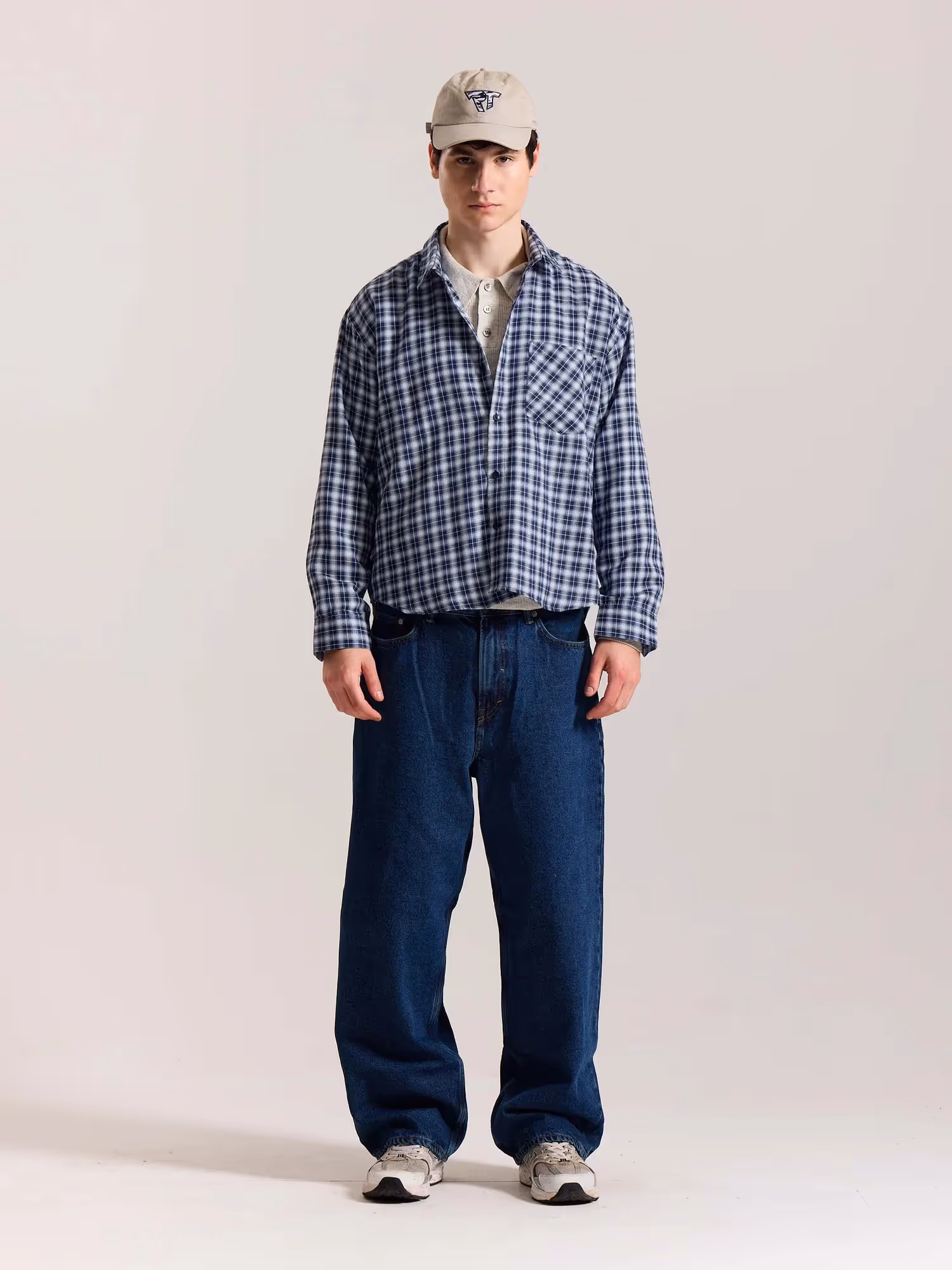 Navy Blue & White Checkered Oversized Cropped Shirt image 1