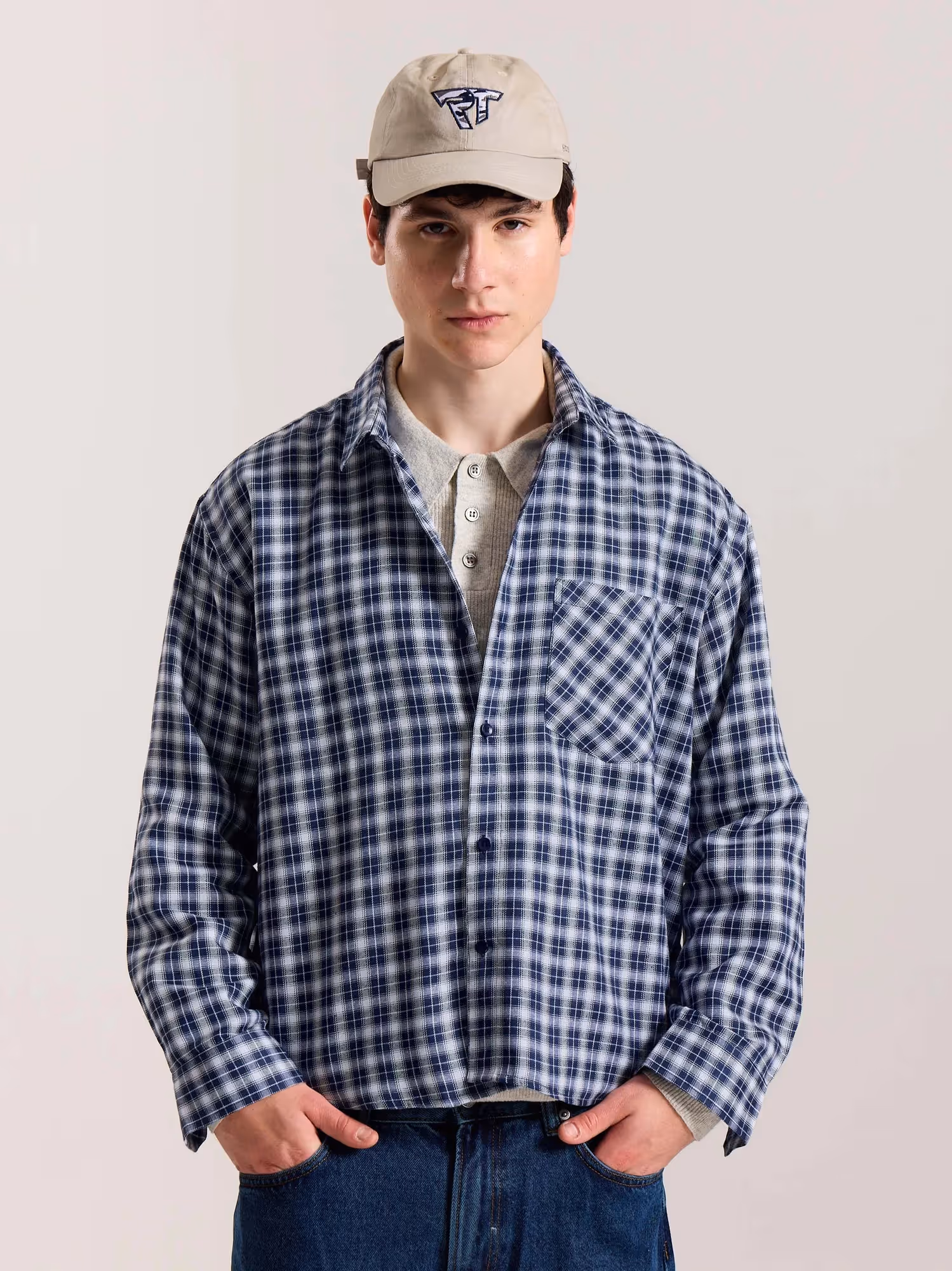 Navy Blue & White Checkered Oversized Cropped Shirt image 3