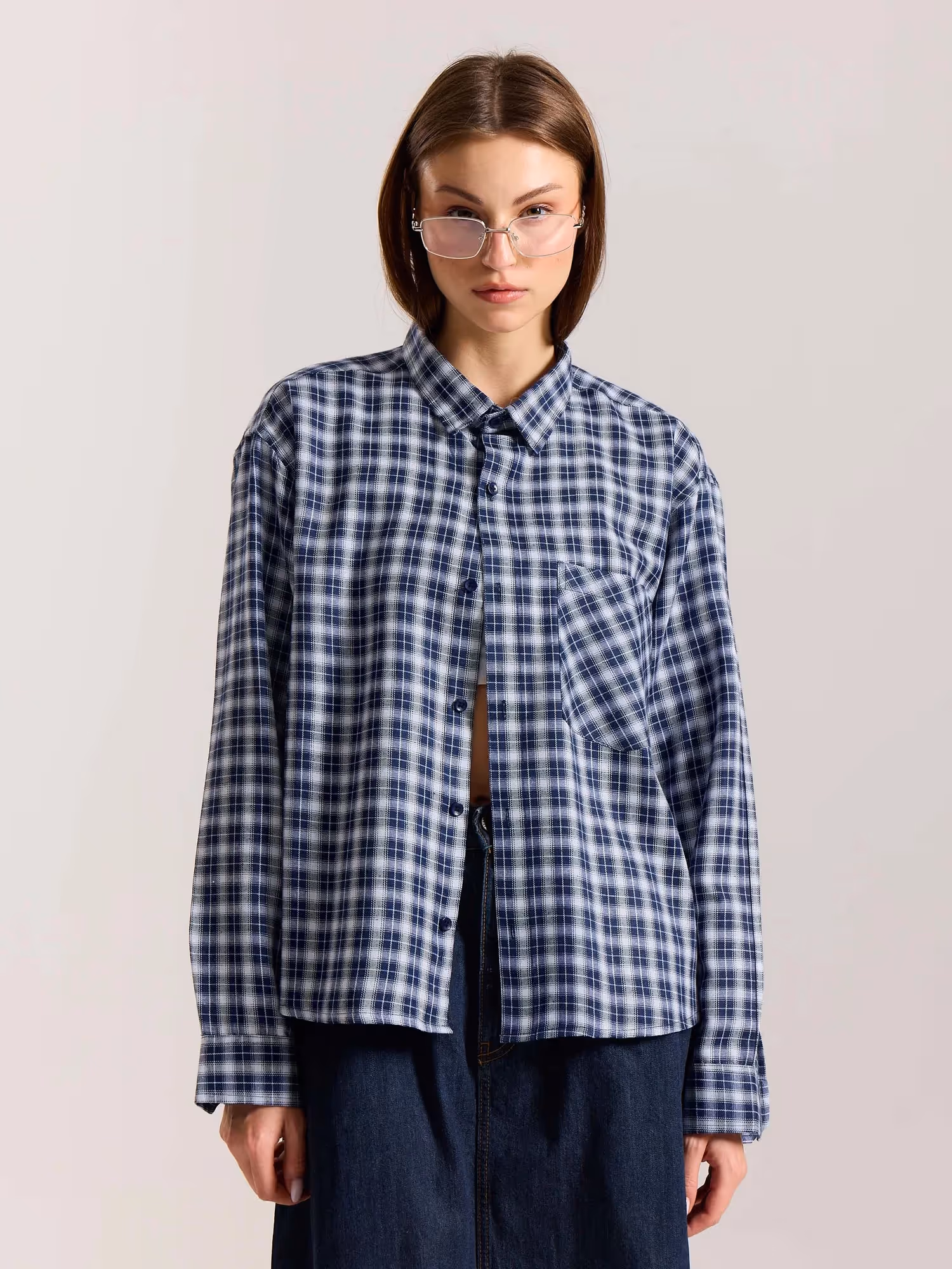 Navy Blue & White Checkered Oversized Cropped Shirt image 4