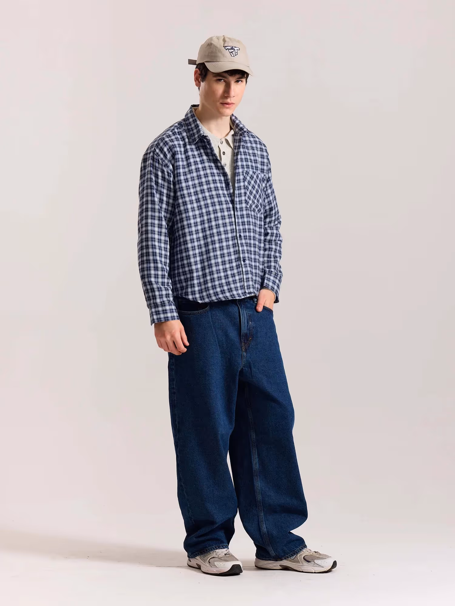 Navy Blue & White Checkered Oversized Cropped Shirt image 6