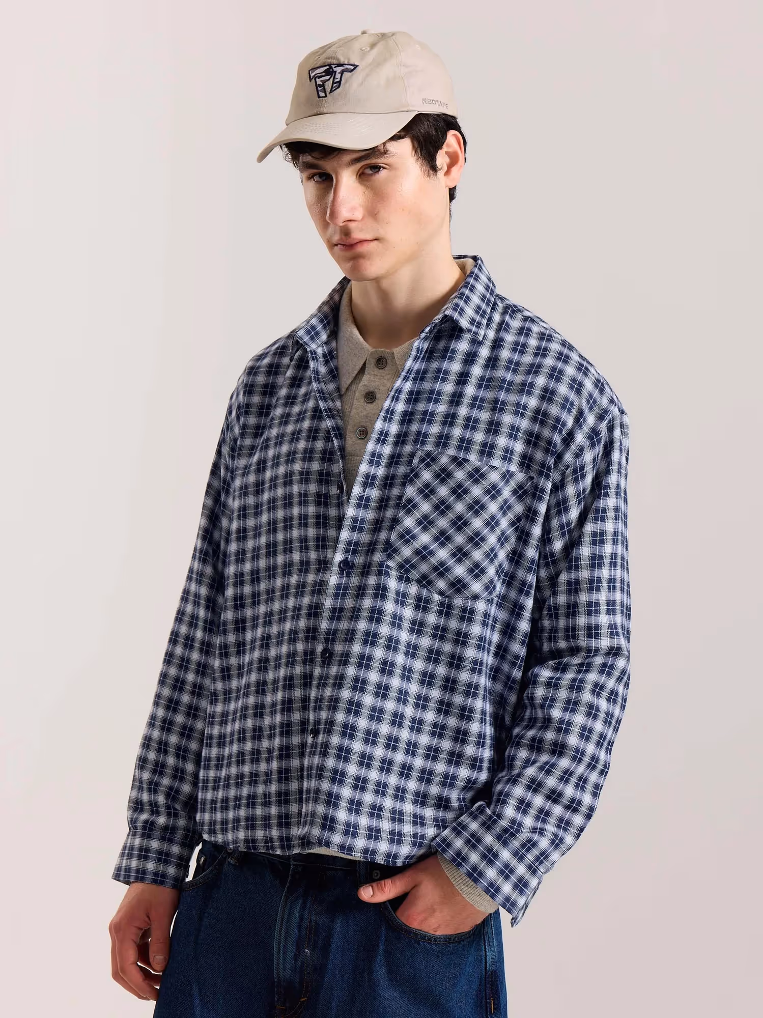 Navy Blue & White Checkered Oversized Cropped Shirt image 7