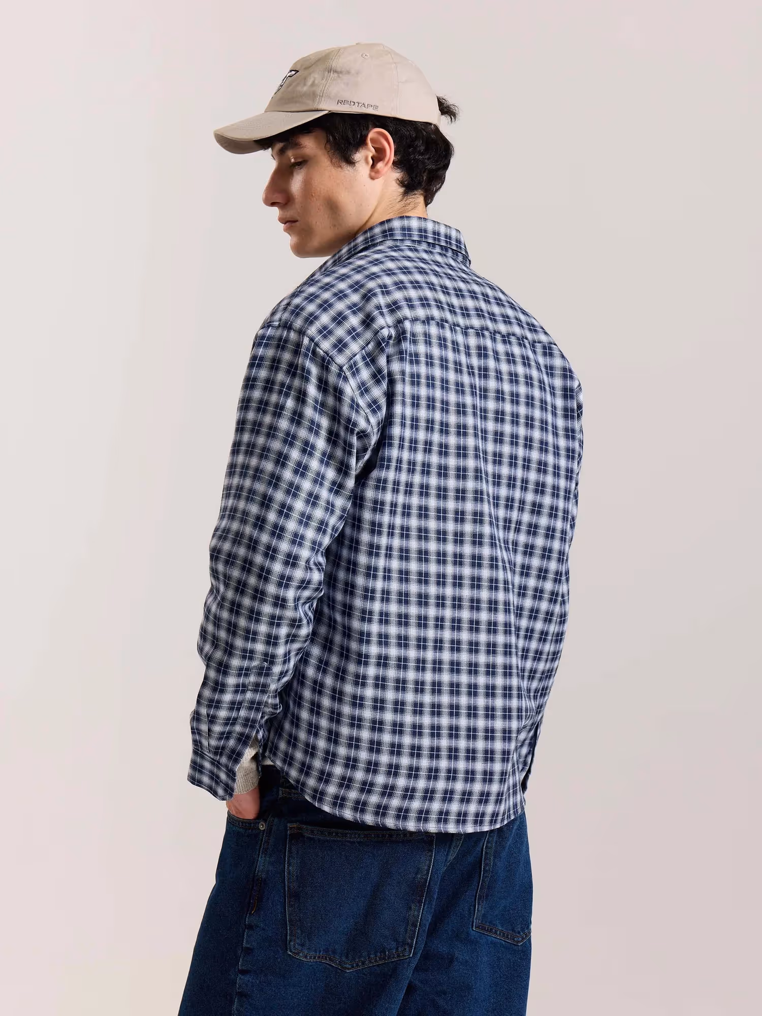 Navy Blue & White Checkered Oversized Cropped Shirt image 8