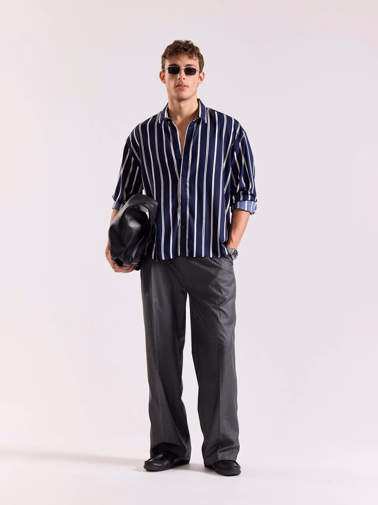 Navy Blue & White Striped Drape Shirt image 1