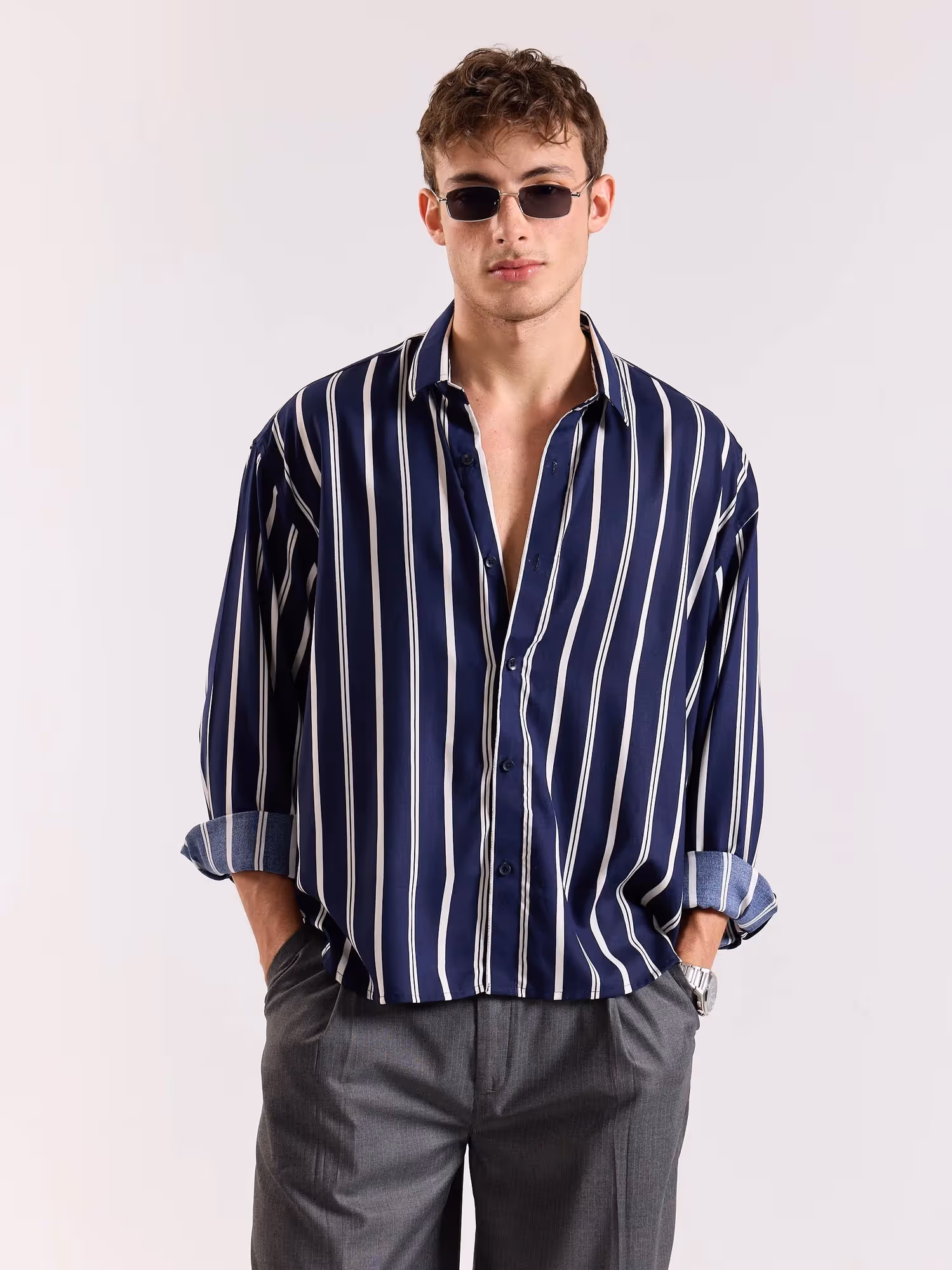 Navy Blue & White Striped Drape Shirt  image 2
