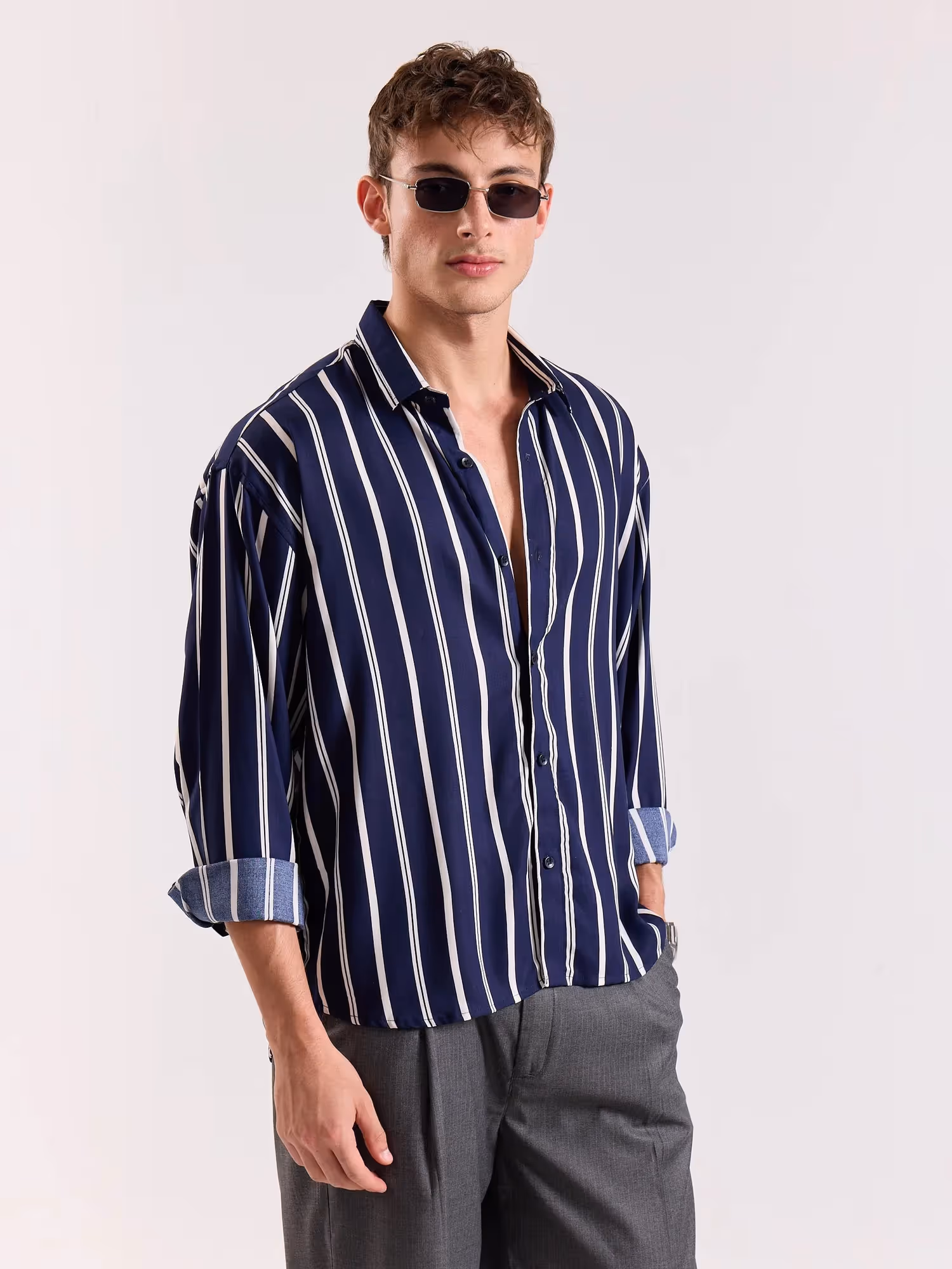 Navy Blue & White Striped Drape Shirt  image 3