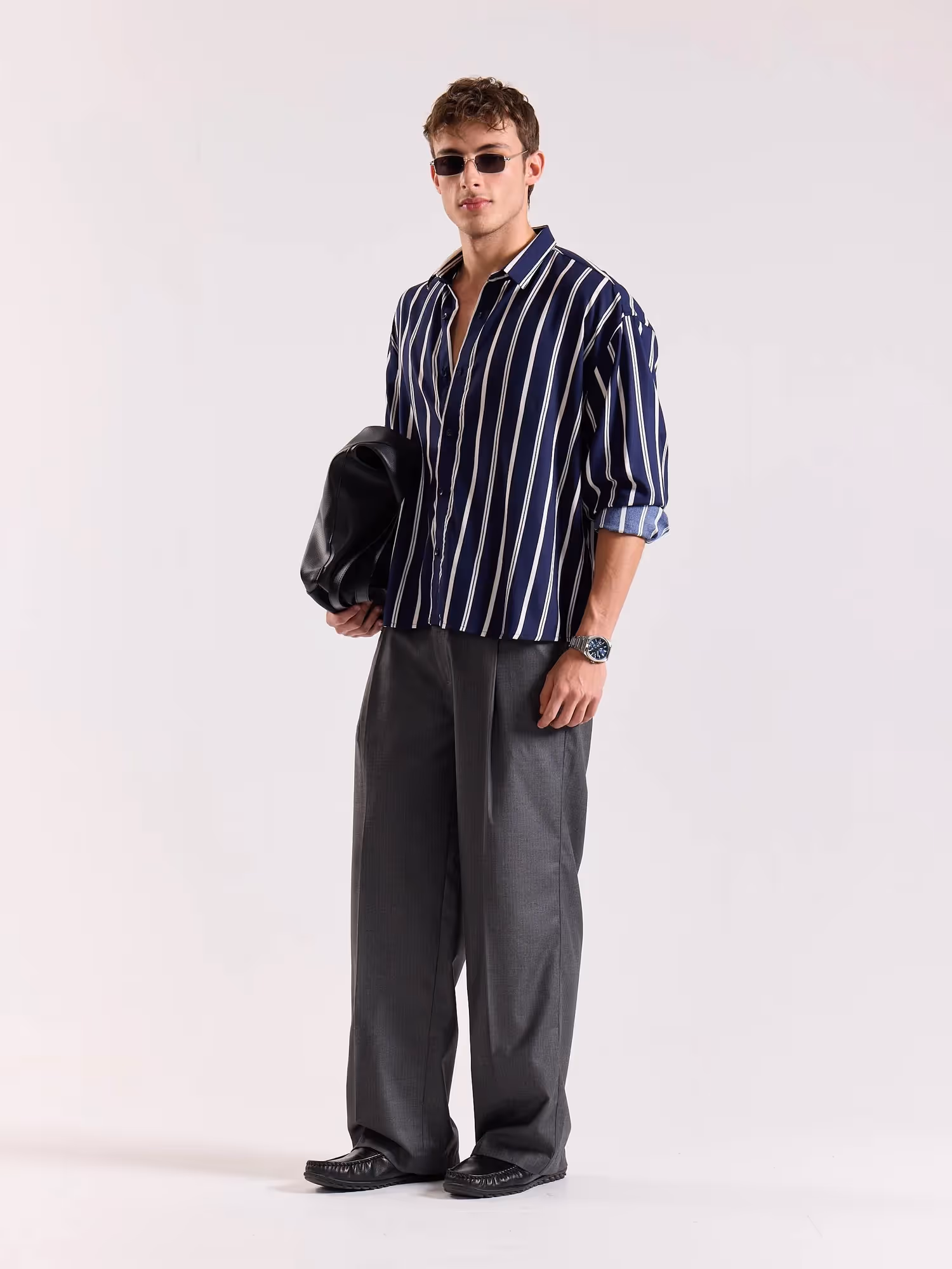 Navy Blue & White Striped Drape Shirt  image 5