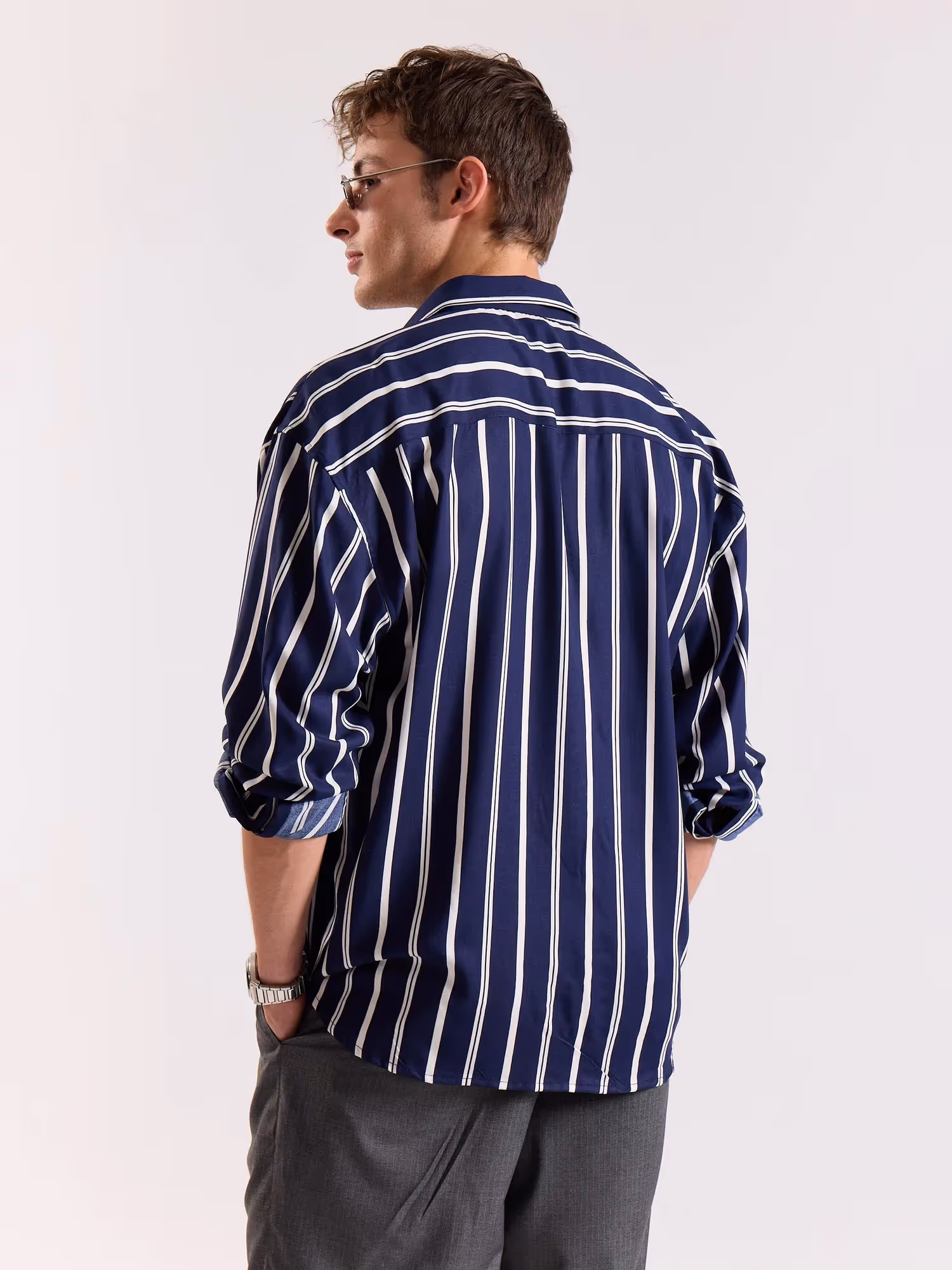 Navy Blue & White Striped Drape Shirt  image 6