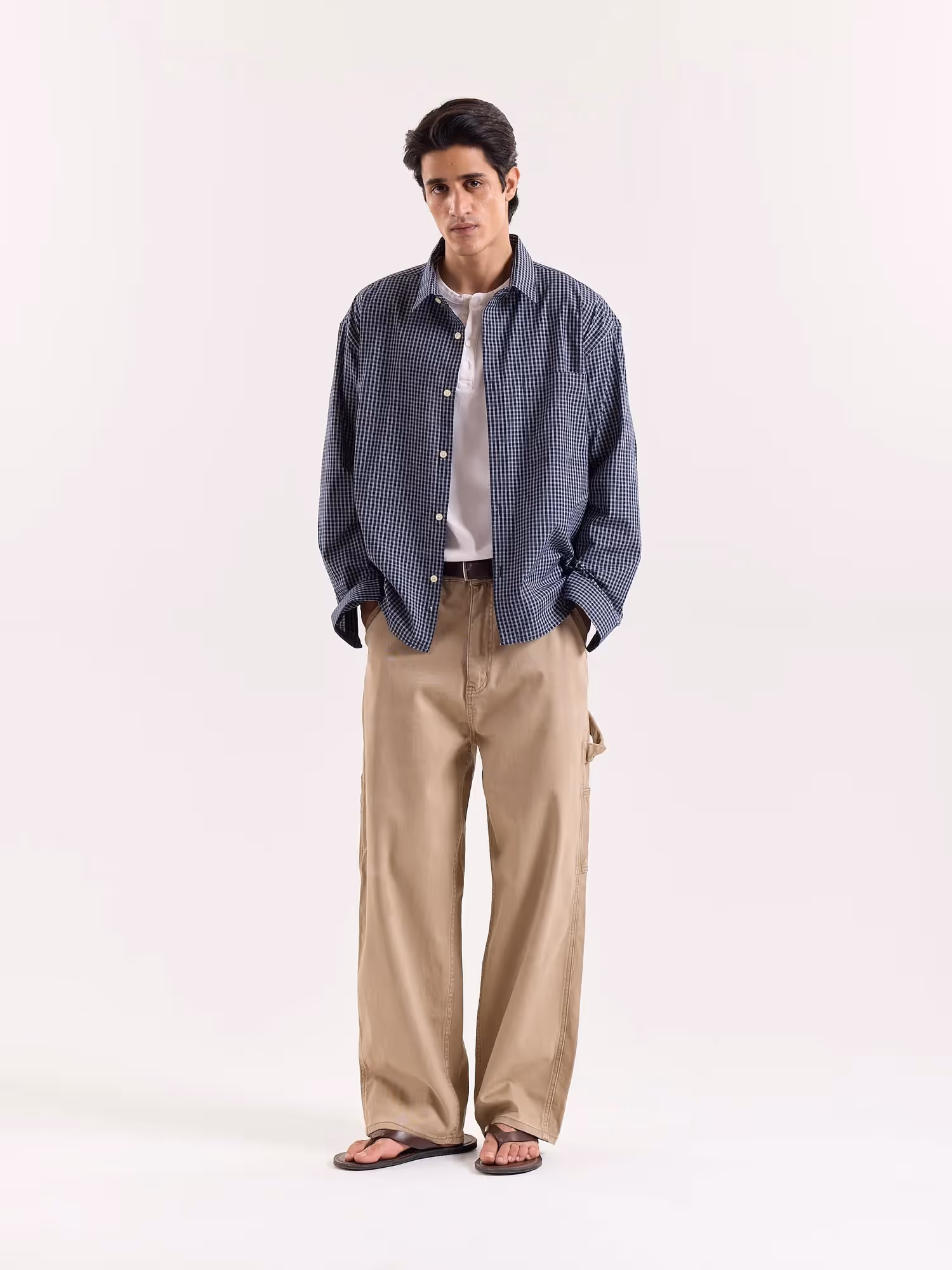 Navy Blue Box Checkered Cropped Shirt image 1