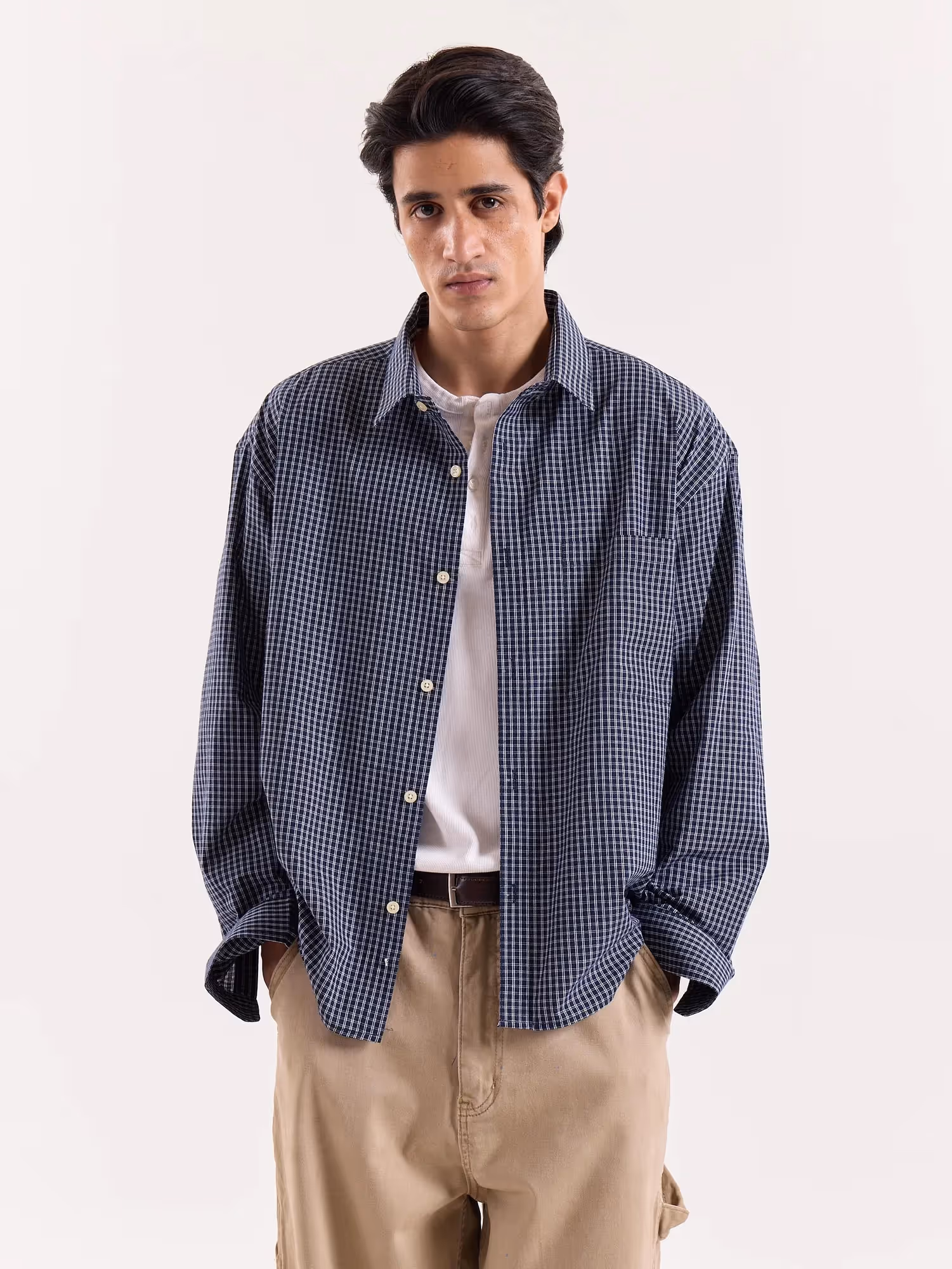 Navy Blue Box Checkered Cropped Shirt image 3