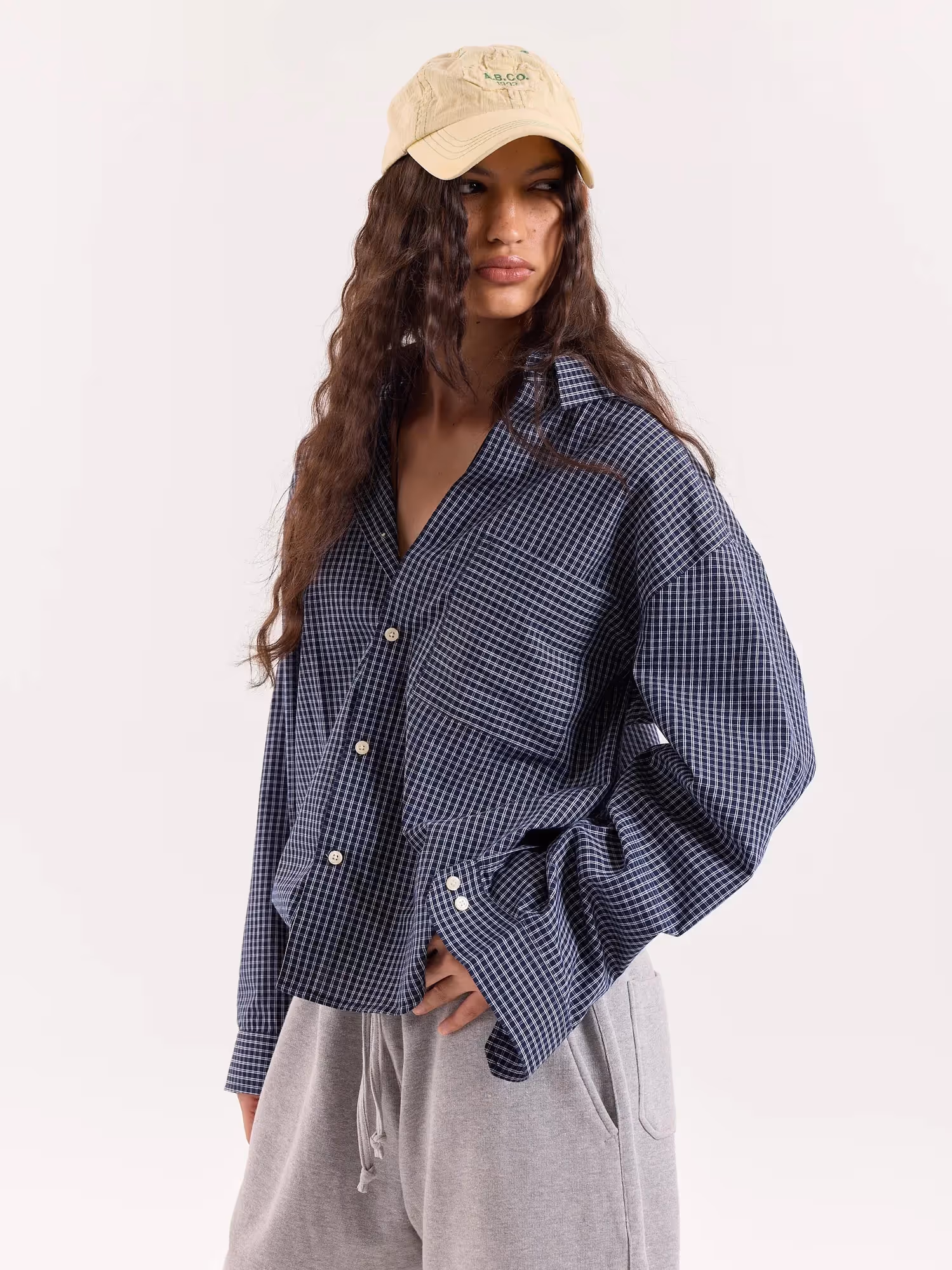 Navy Blue Box Checkered Cropped Shirt image 5