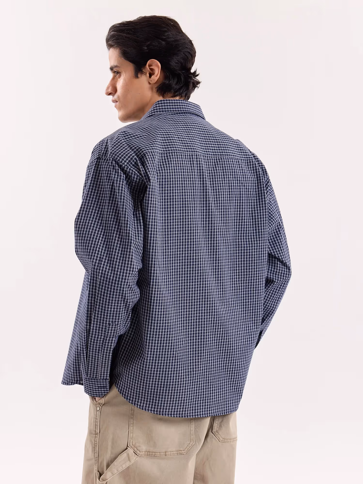 Navy Blue Box Checkered Cropped Shirt image 8
