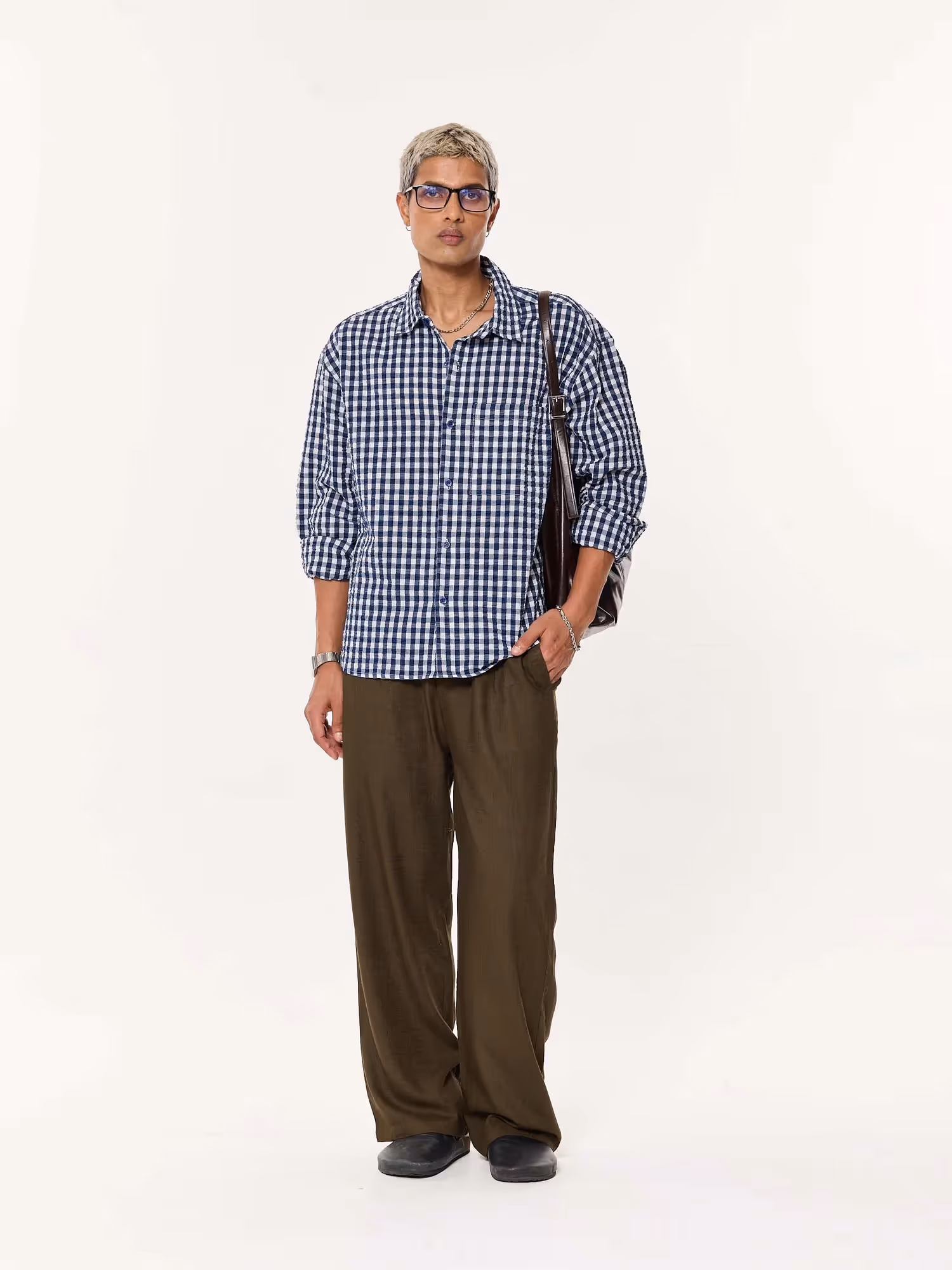 Navy Blue Checkered Seersucker Oversized Cropped Shirt image 1