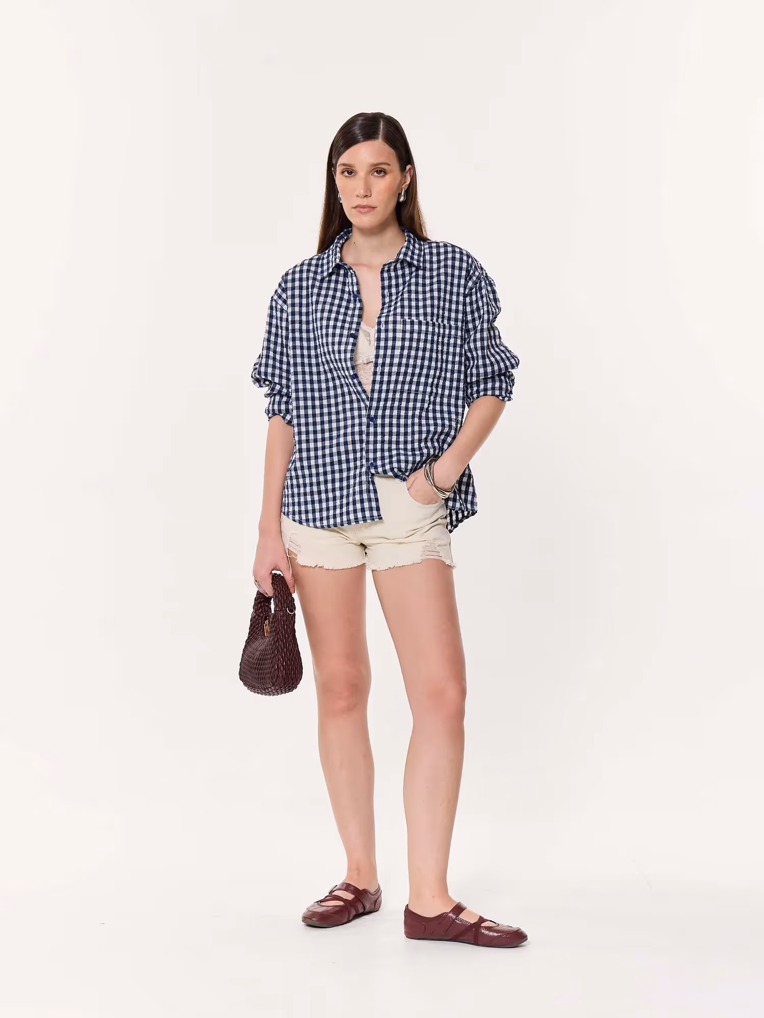 Navy Blue Checkered Seersucker Oversized Cropped Shirt image 2