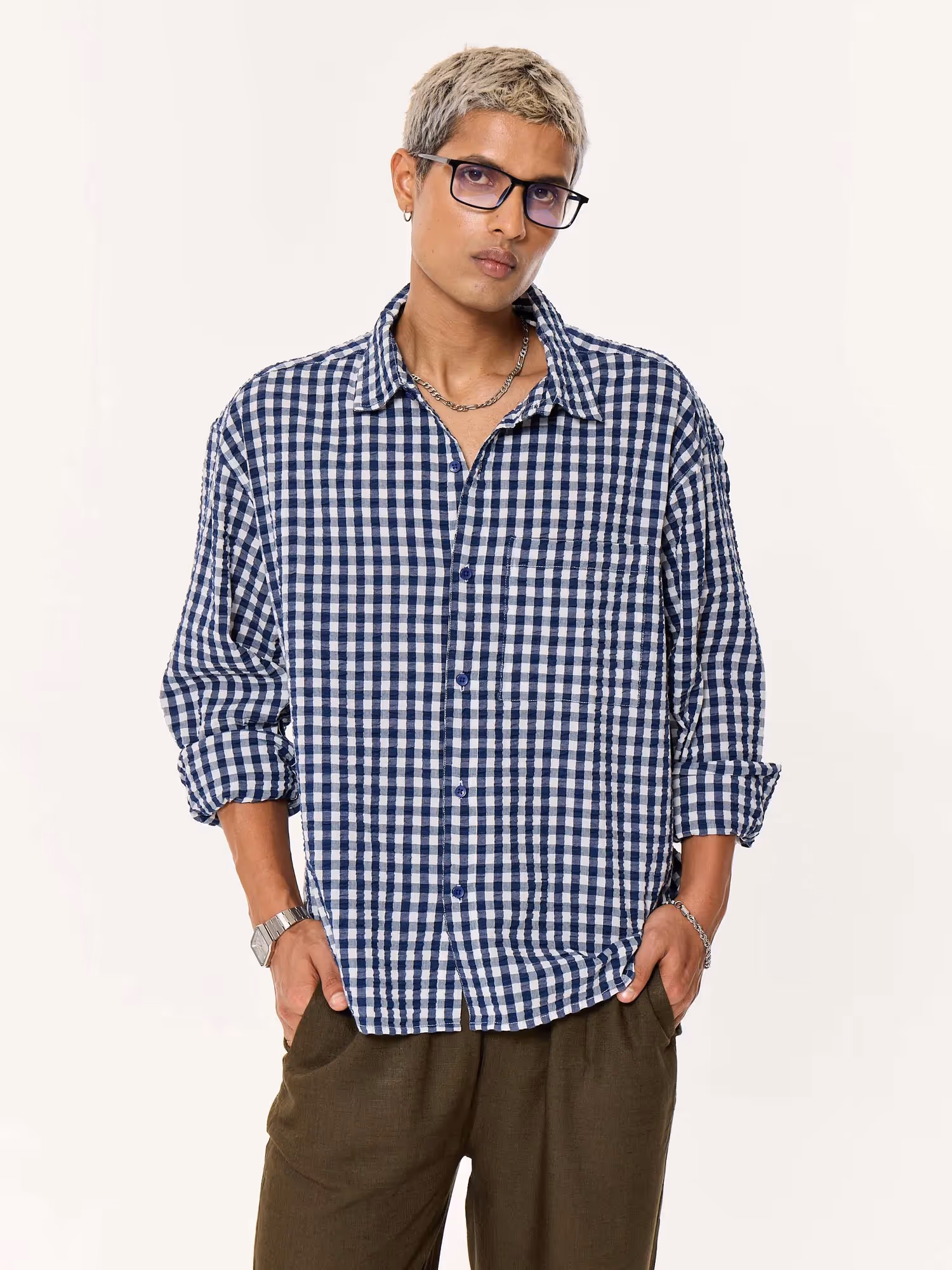 Navy Blue Checkered Seersucker Oversized Cropped Shirt image 3