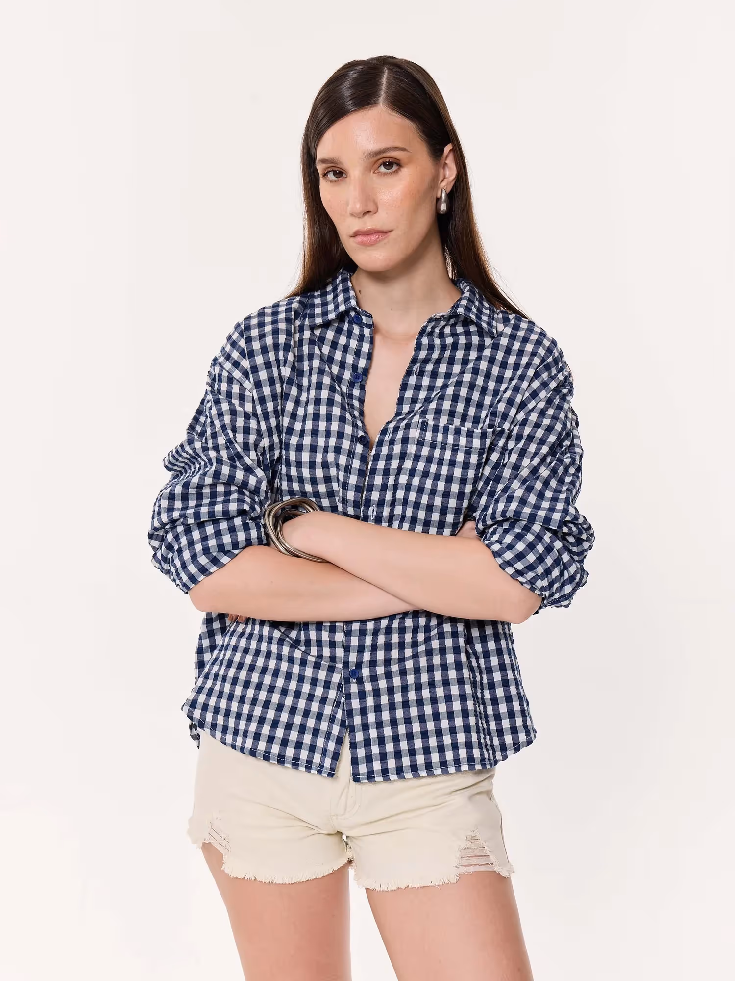 Navy Blue Checkered Seersucker Oversized Cropped Shirt image 4
