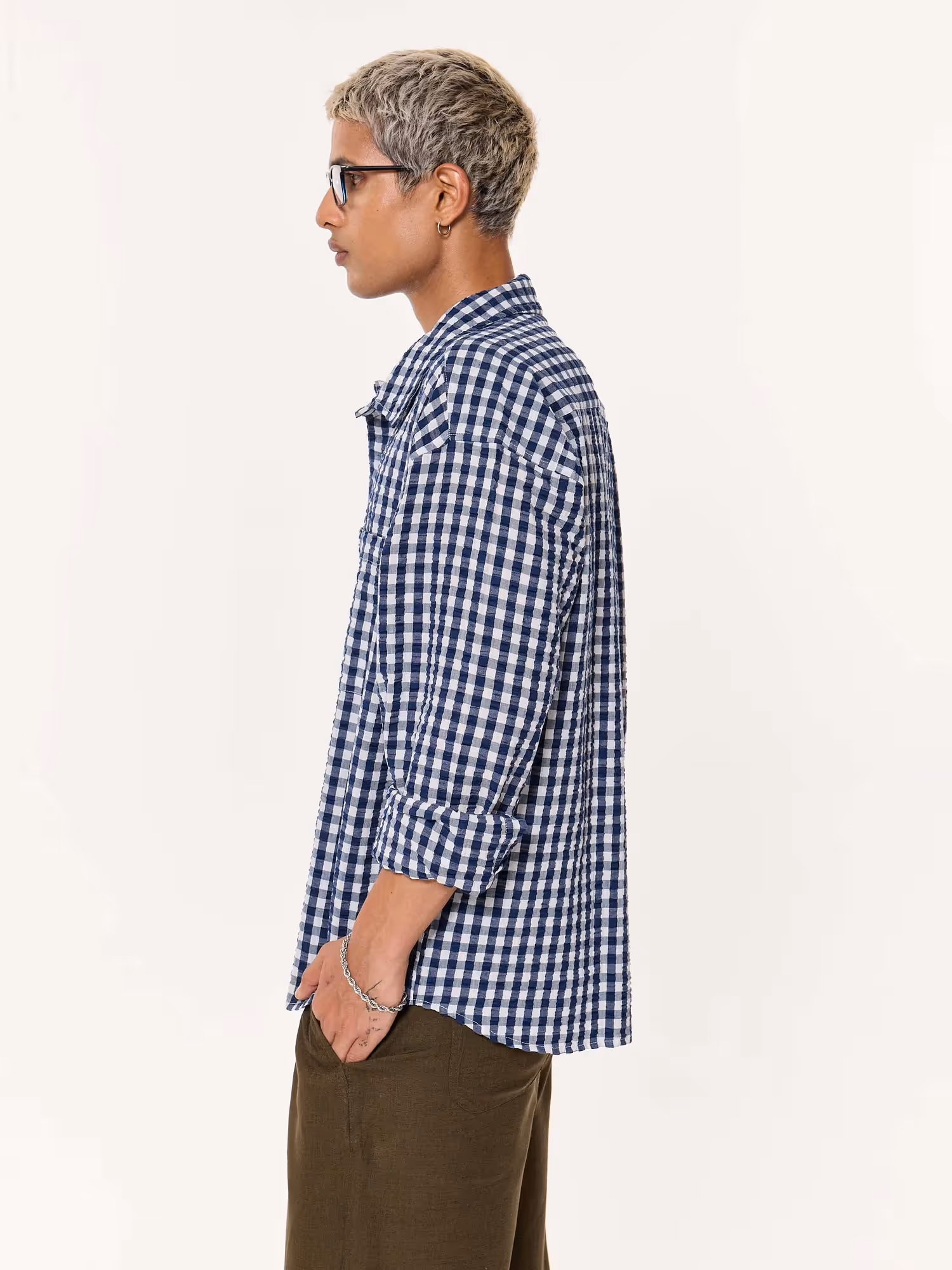 Navy Blue Checkered Seersucker Oversized Cropped Shirt image 5