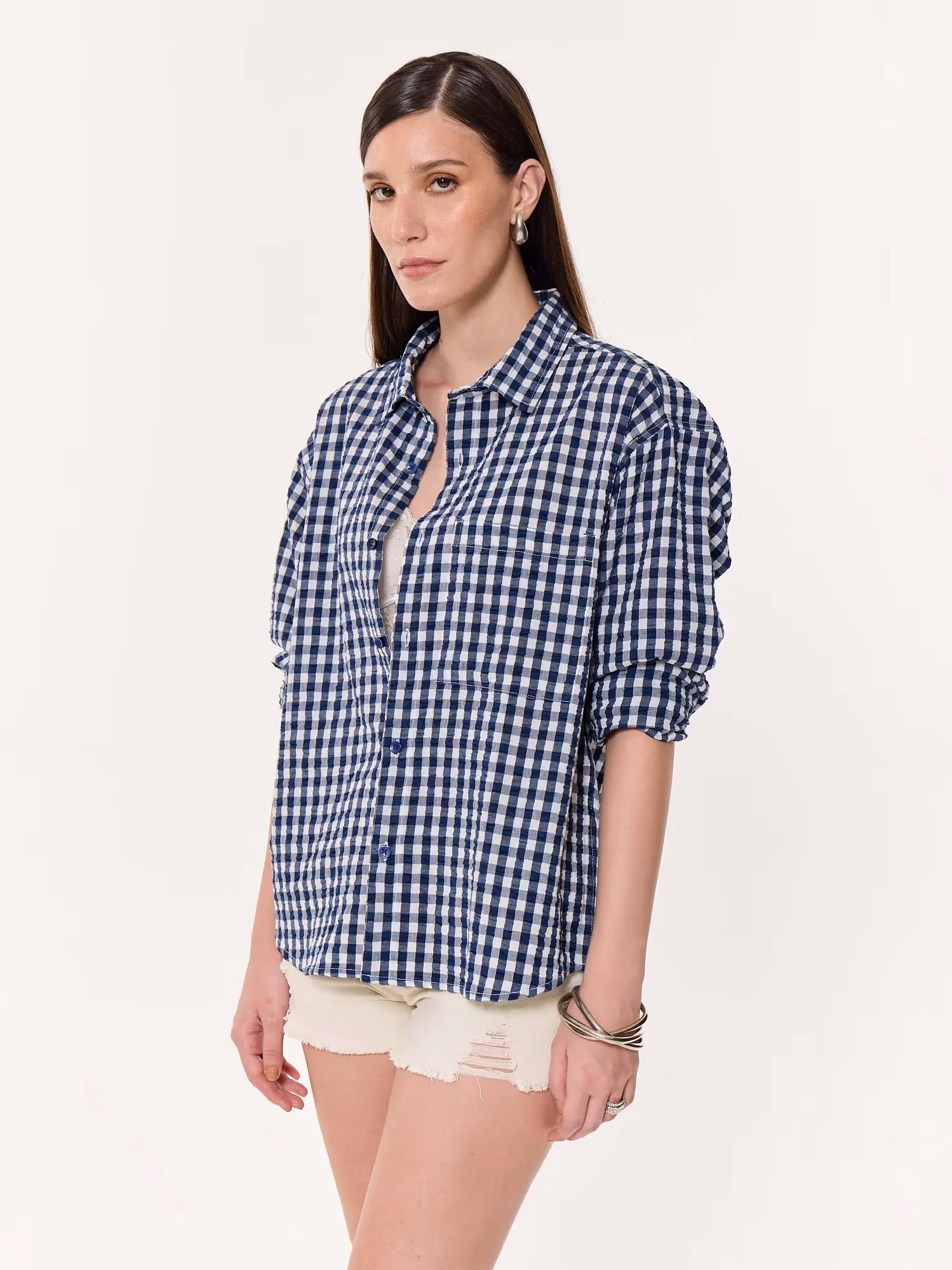 Navy Blue Checkered Seersucker Oversized Cropped Shirt image 6