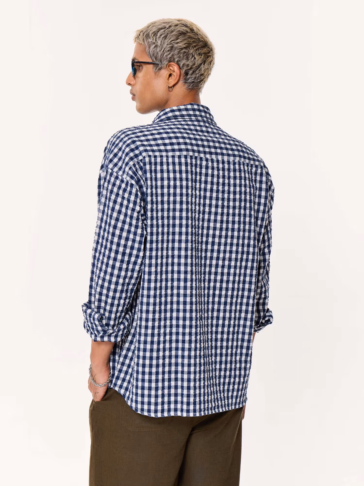 Navy Blue Checkered Seersucker Oversized Cropped Shirt image 7