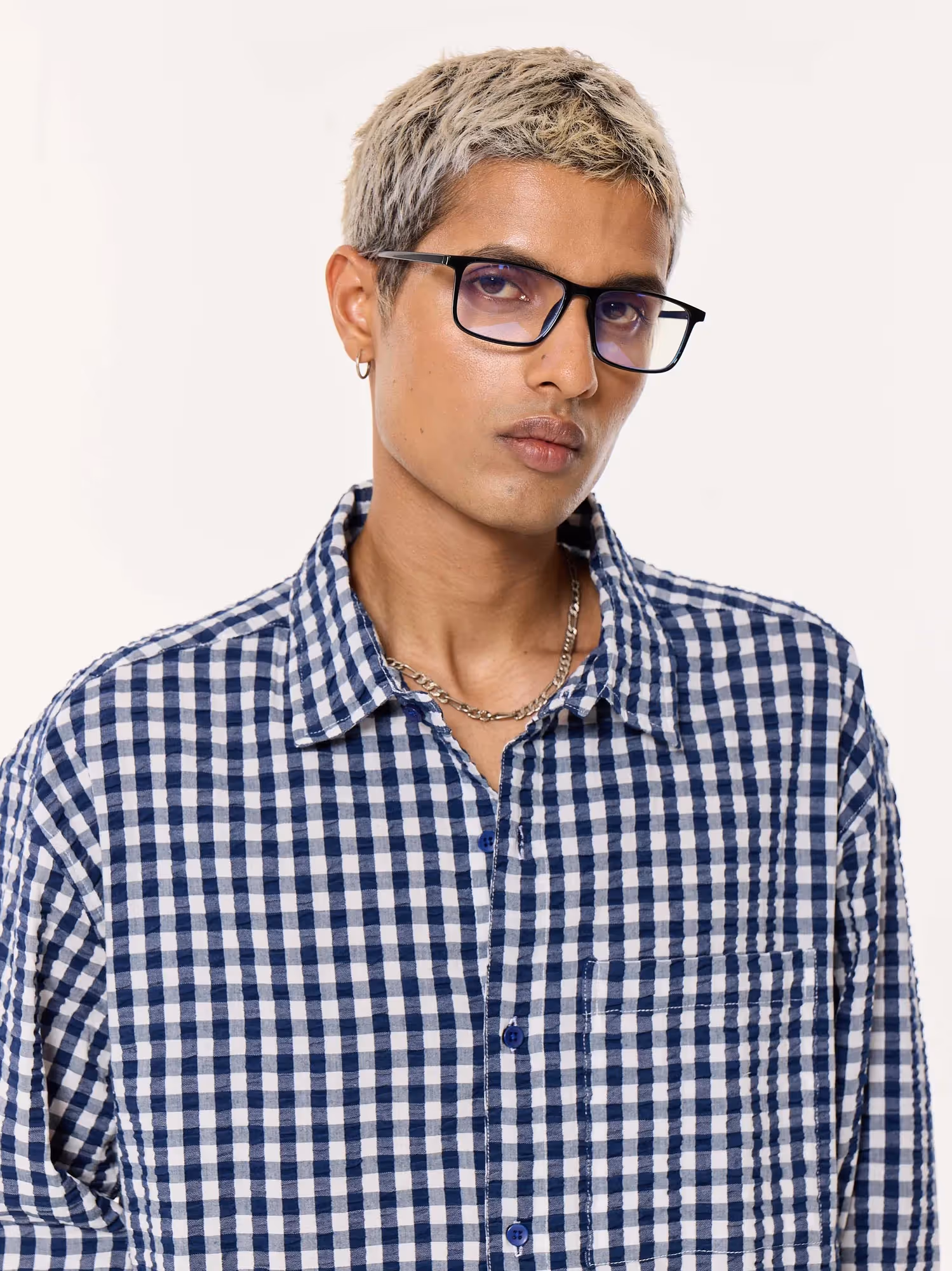 Navy Blue Checkered Seersucker Oversized Cropped Shirt image 8