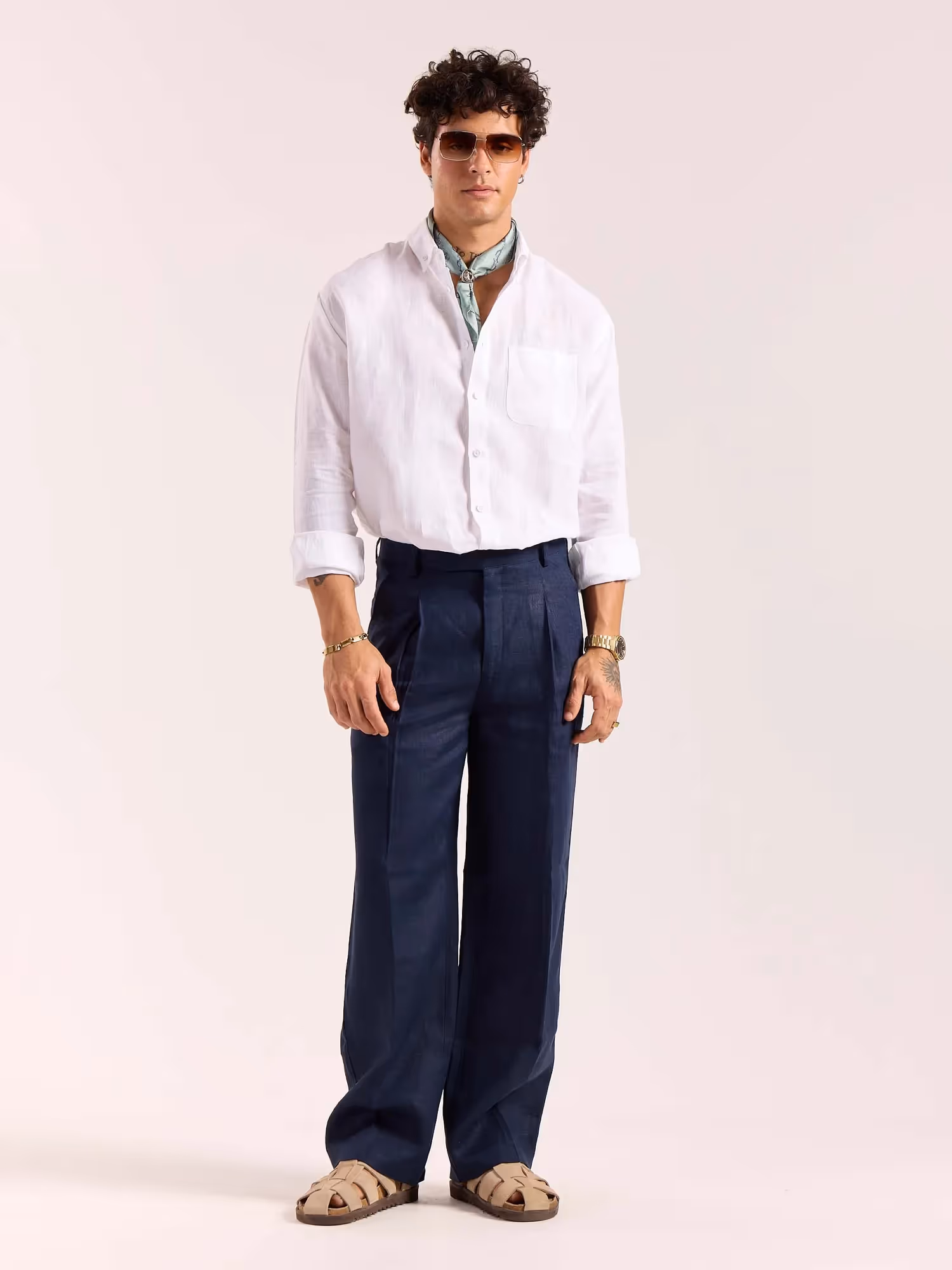 Navy Blue Linen Baggy Fit Trousers image 1