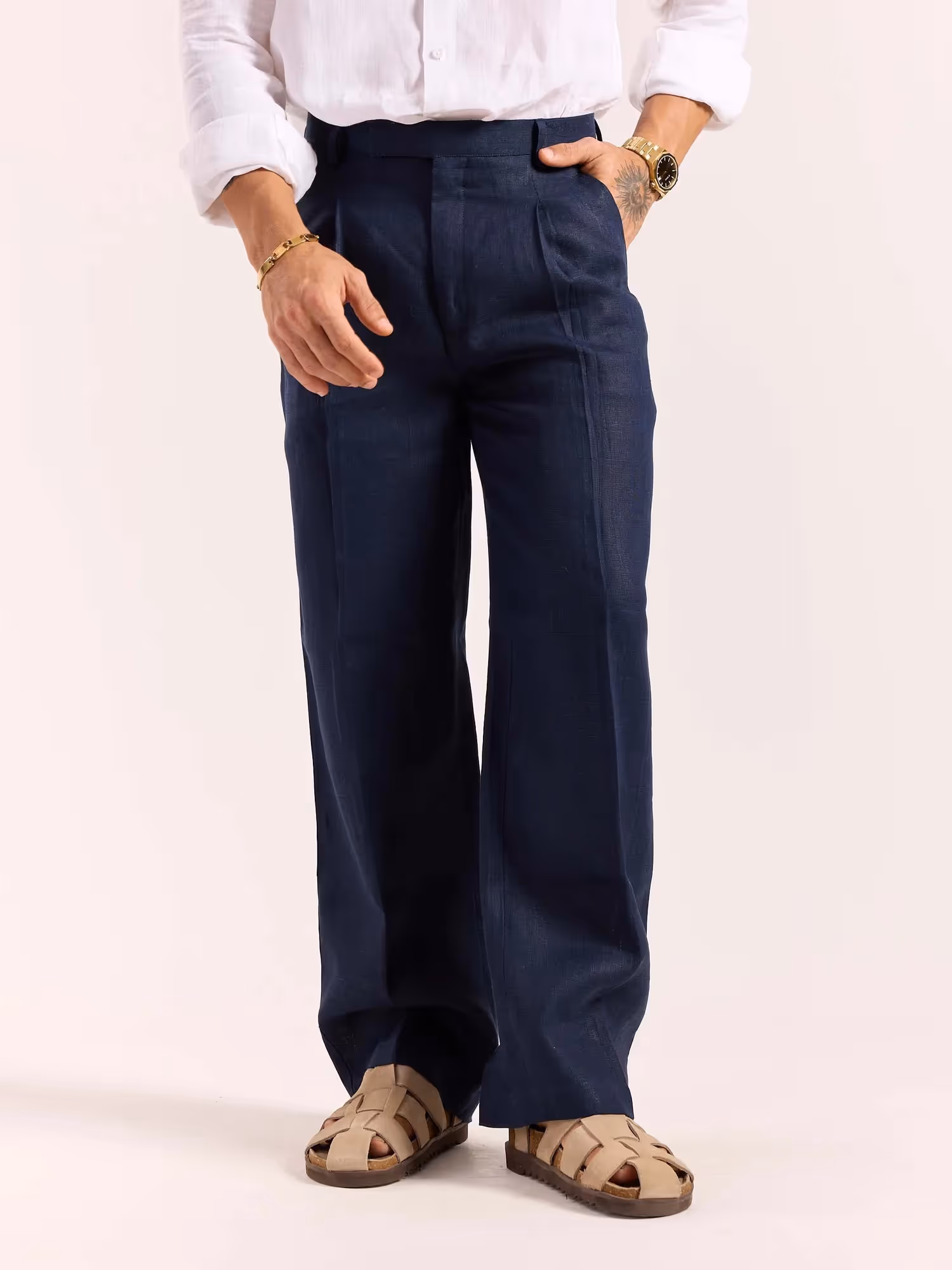 Navy Blue Linen Baggy Fit Trousers image 3