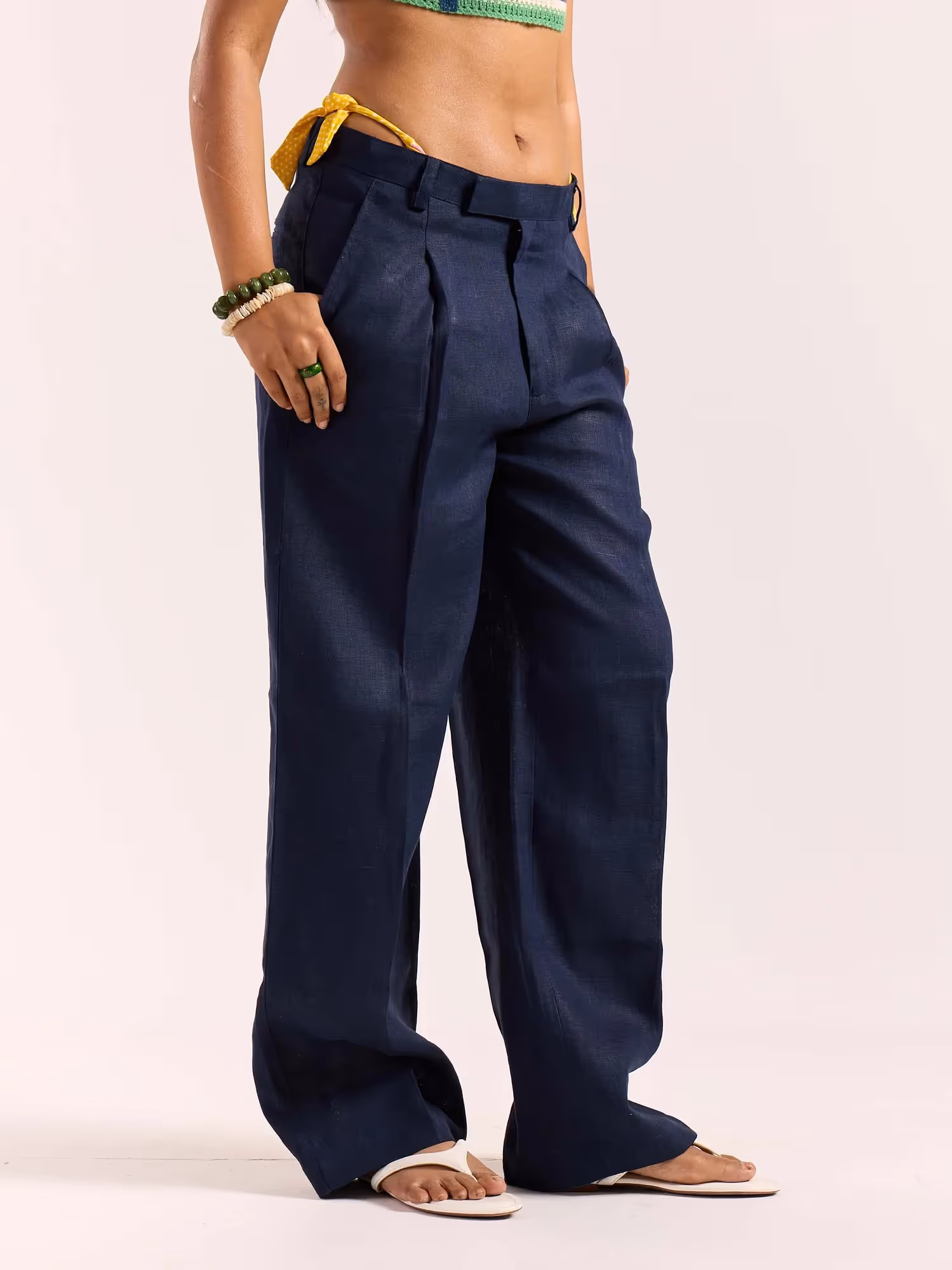 Navy Blue Linen Baggy Fit Trousers image 5