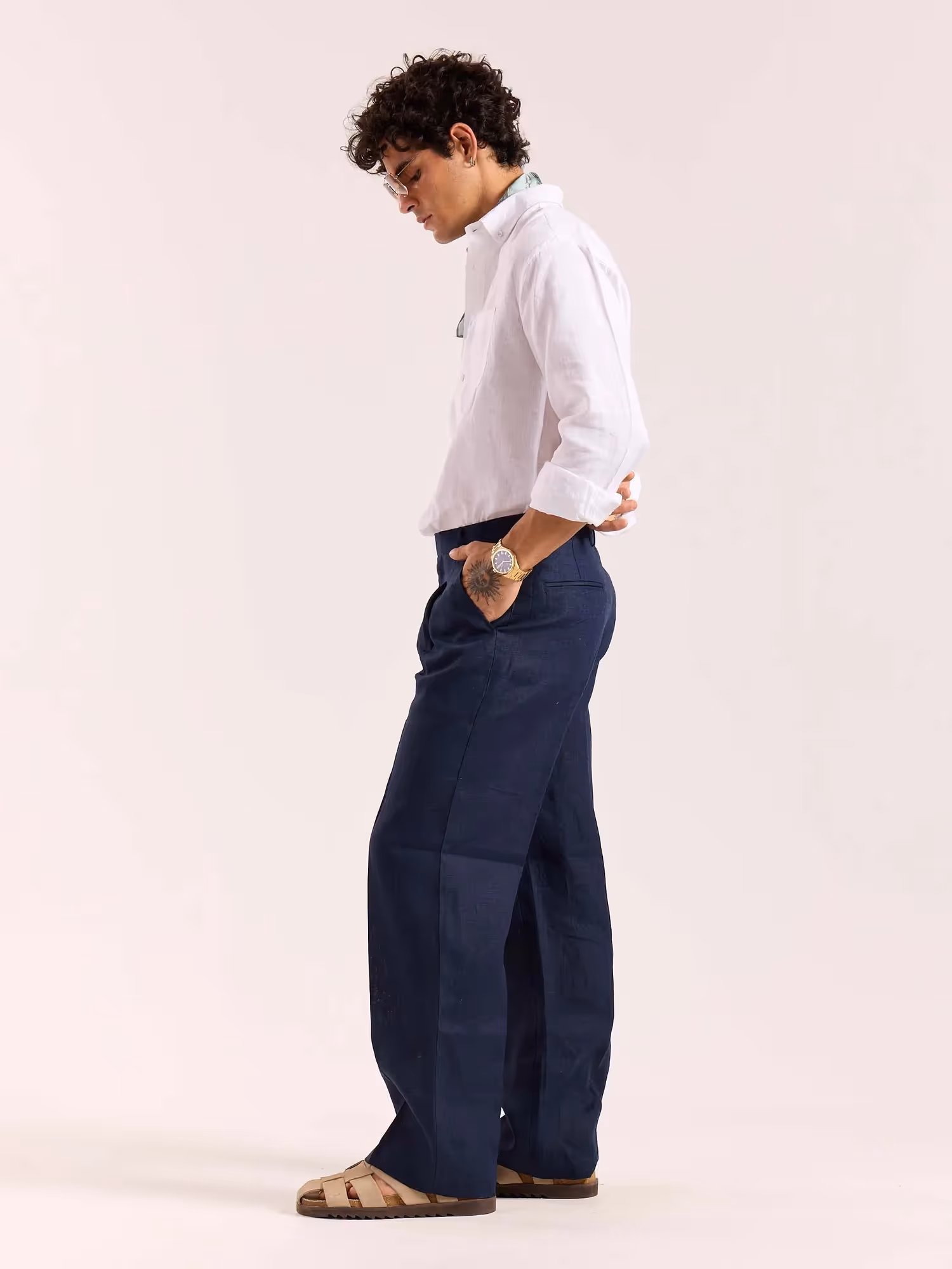 Navy Blue Linen Baggy Fit Trousers image 7