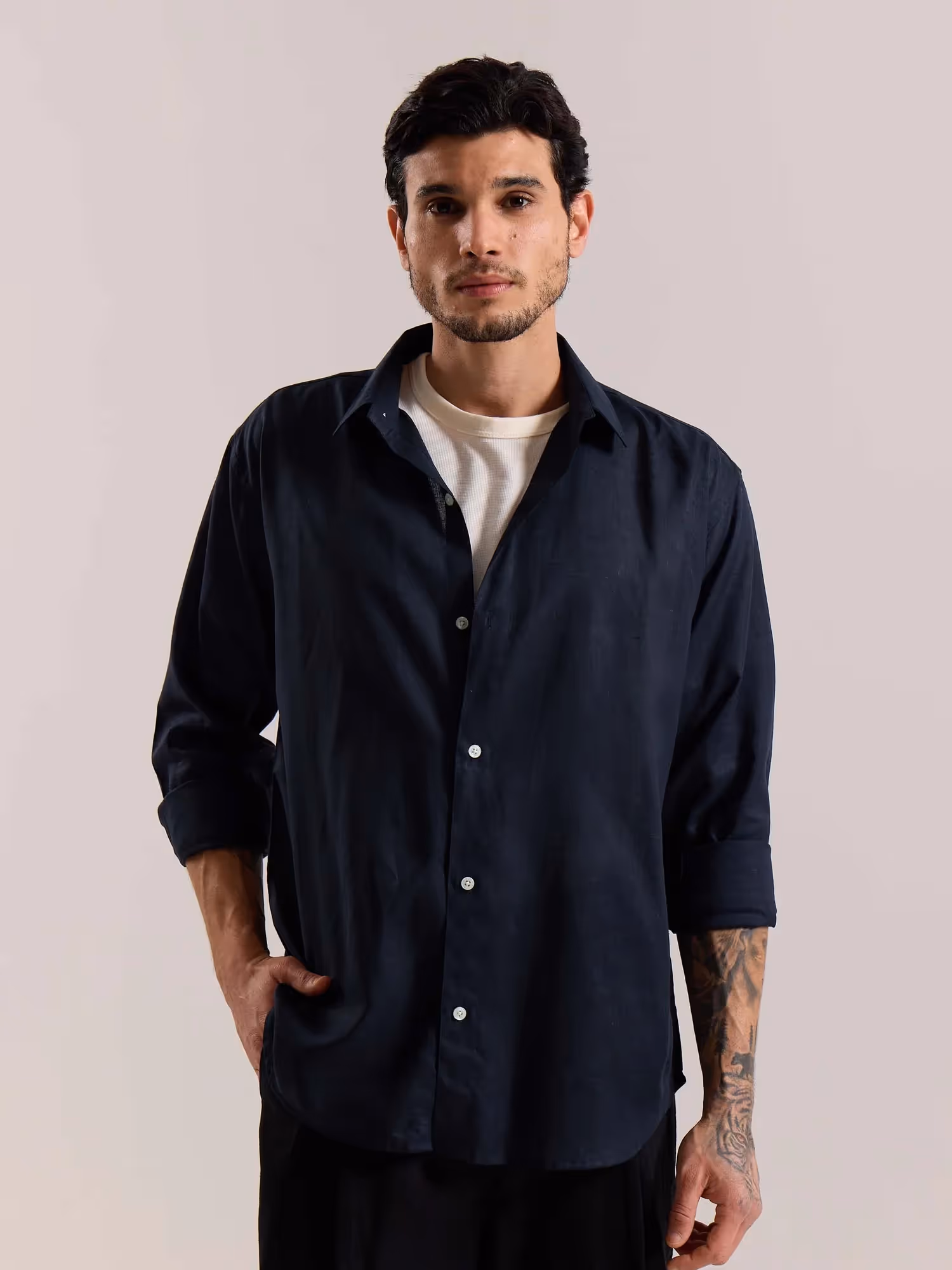 Navy Blue Linen-blend Shirt image 3