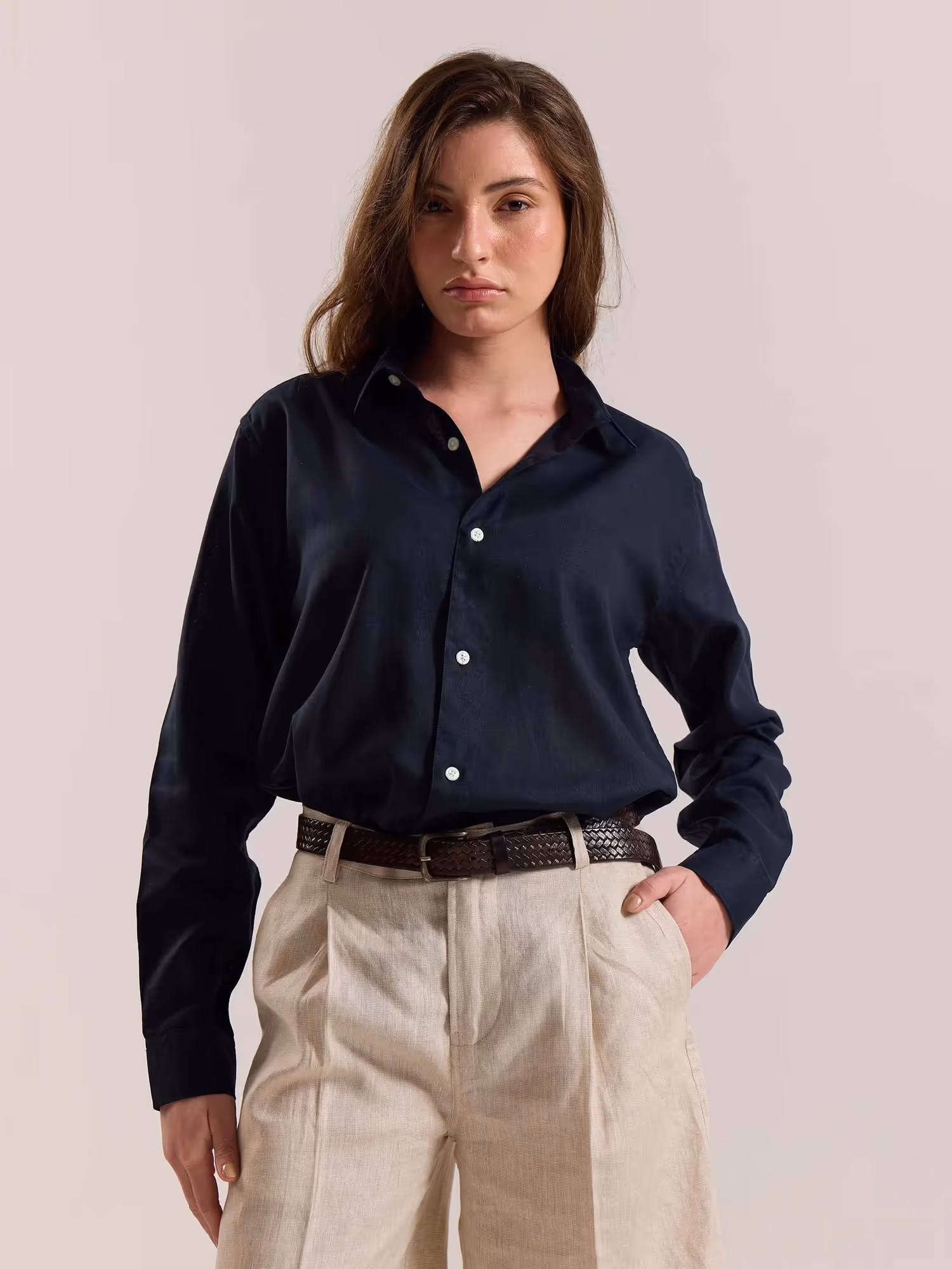 Navy Blue Linen-blend Shirt image 4