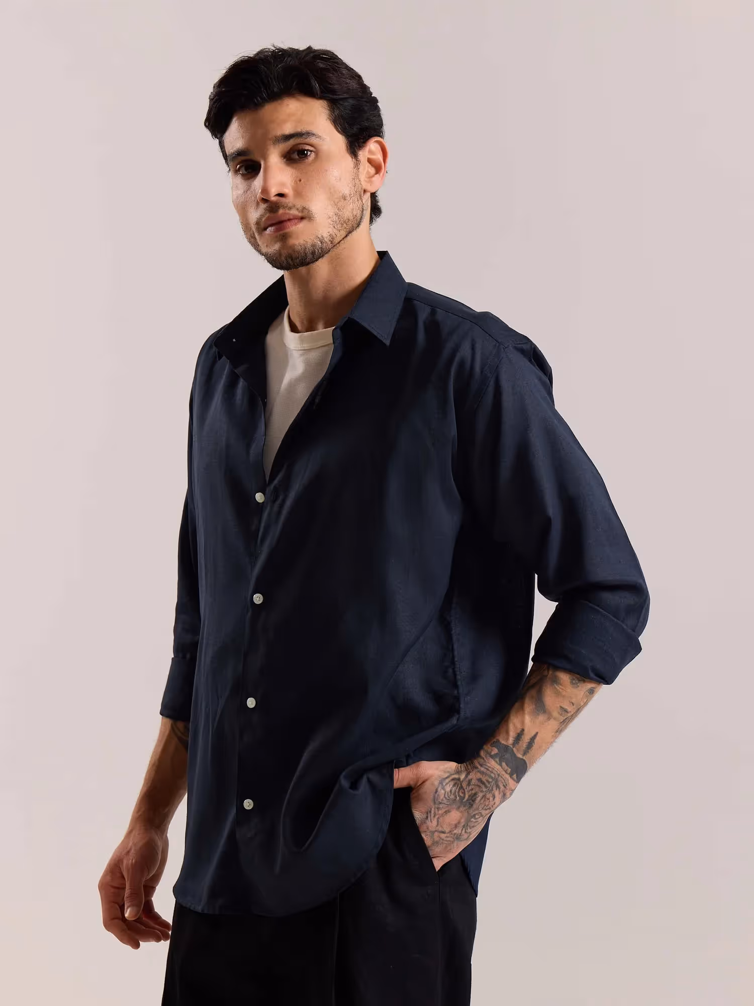 Navy Blue Linen-blend Shirt image 6