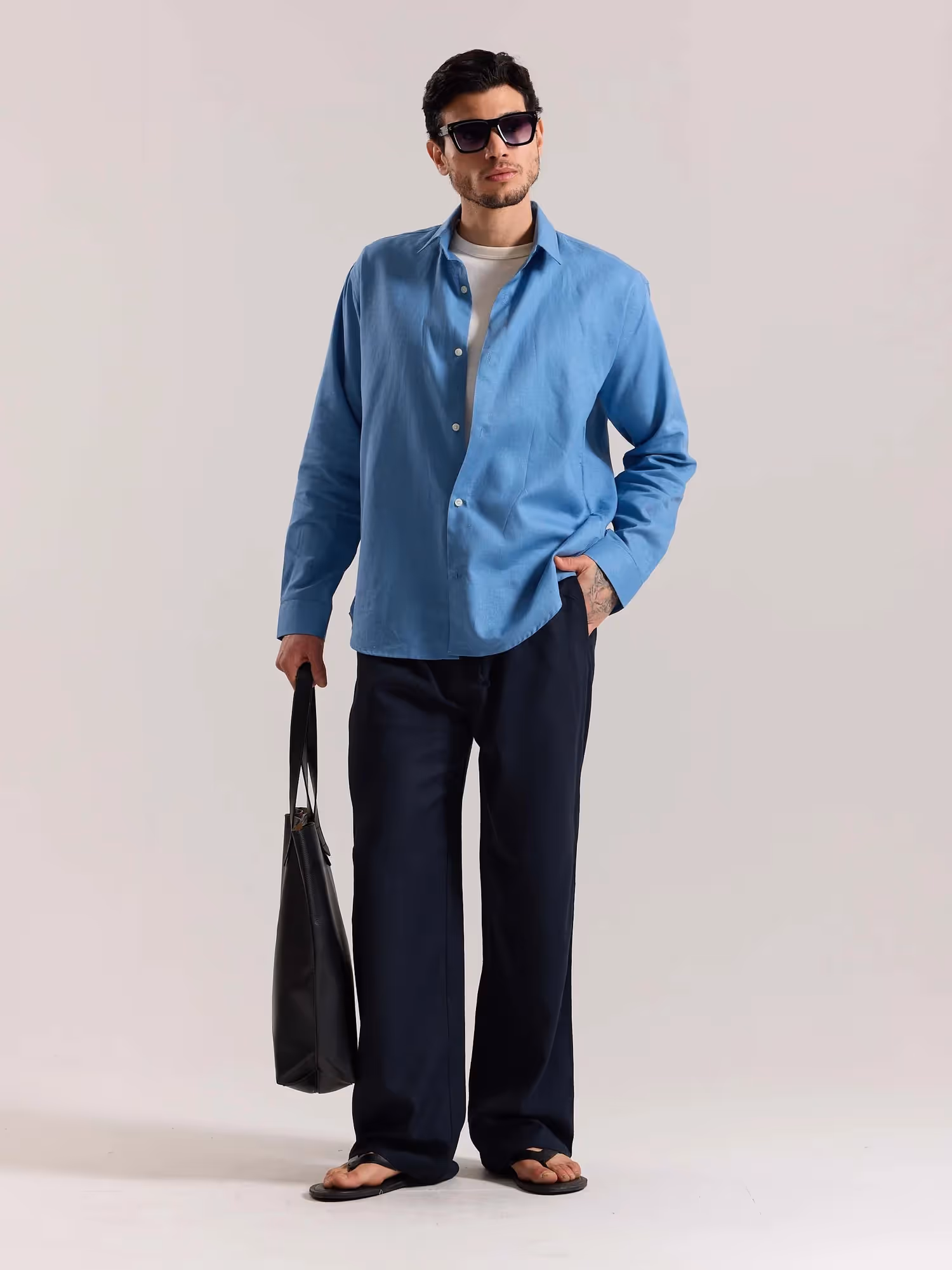 Navy Blue Linen Pull-on Pants image 1