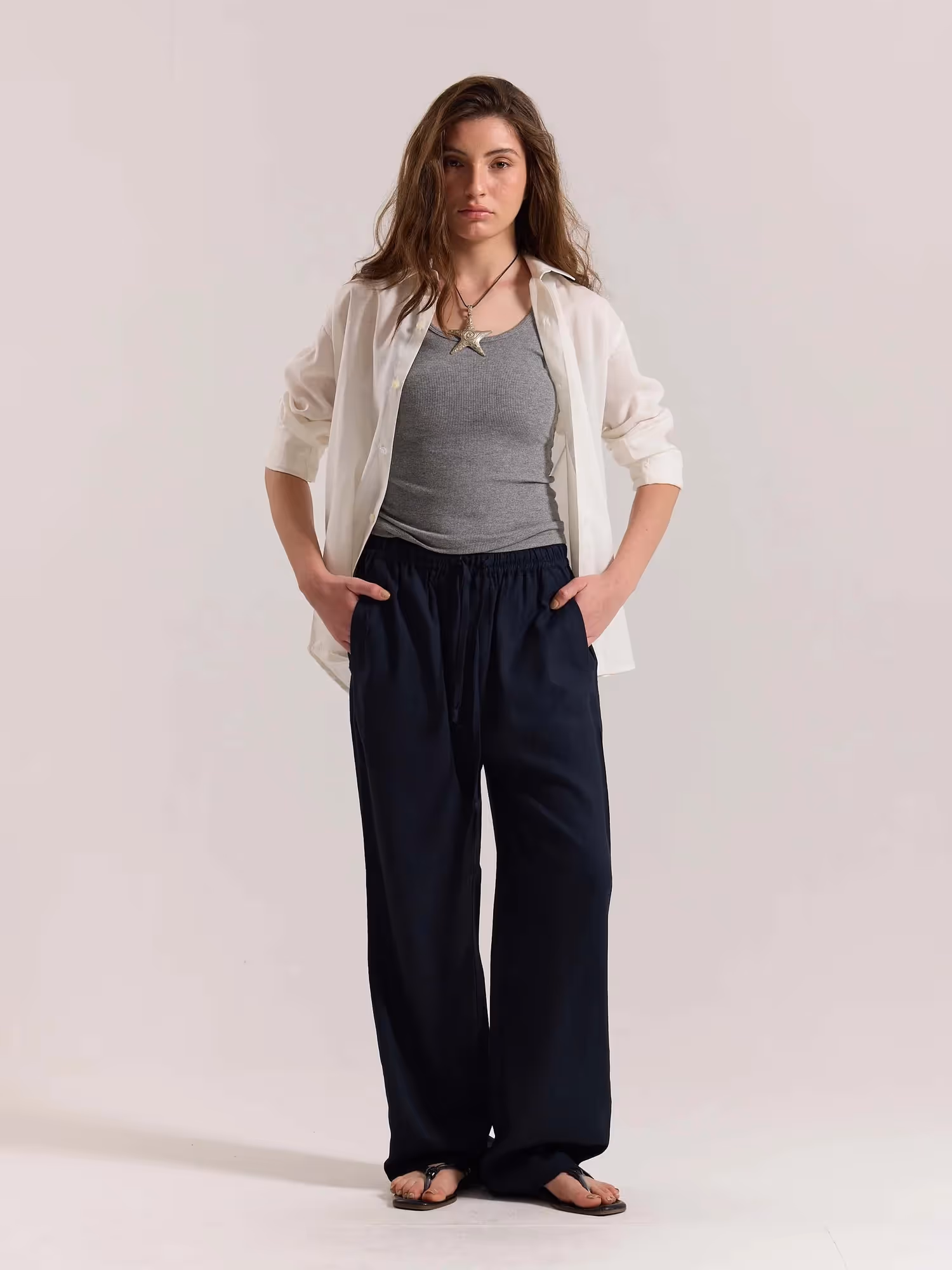 Navy Blue Linen Pull-on Pants image 2