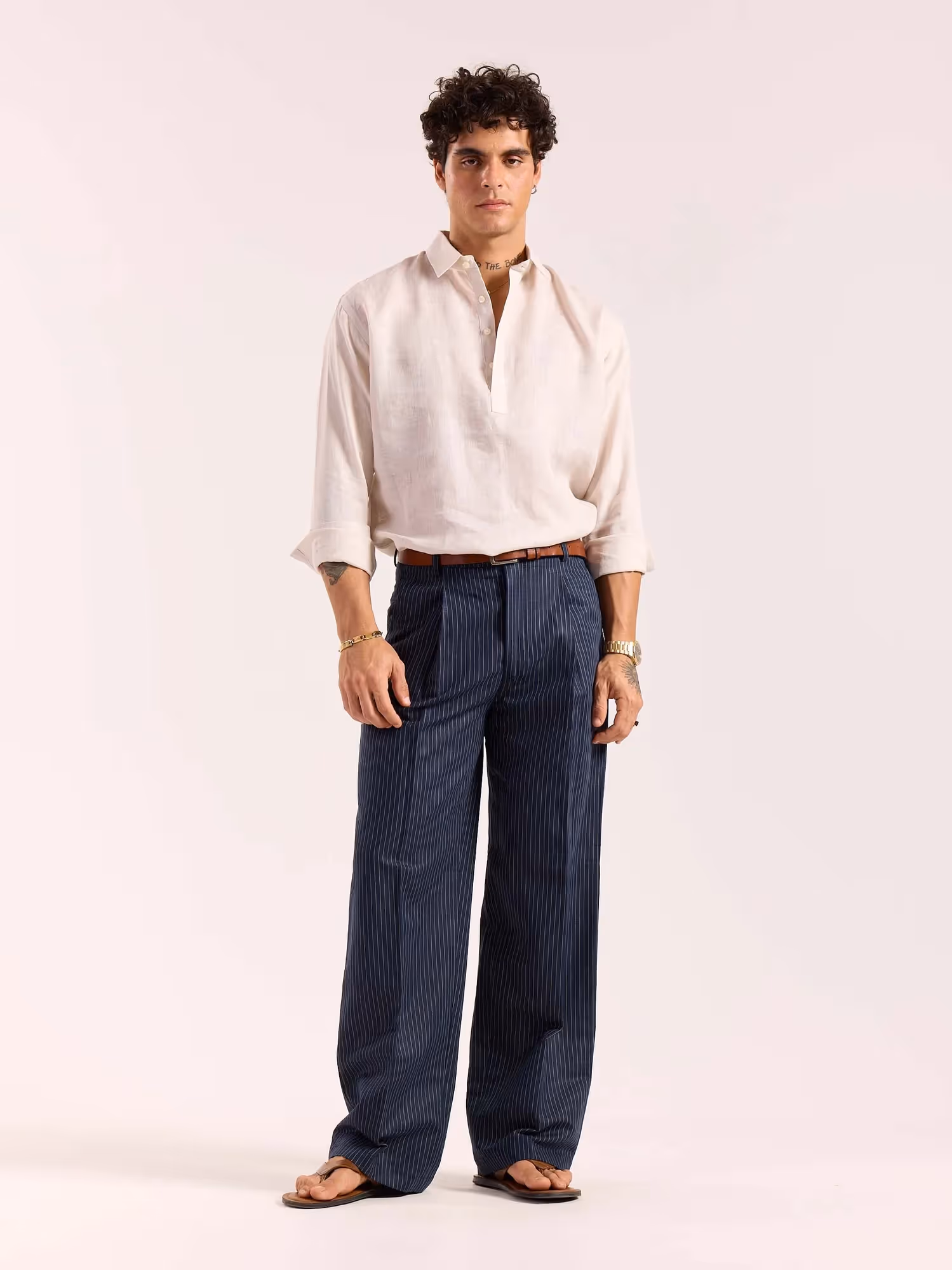 Navy Blue Pinstriped Linen Baggy Fit Trousers image 1