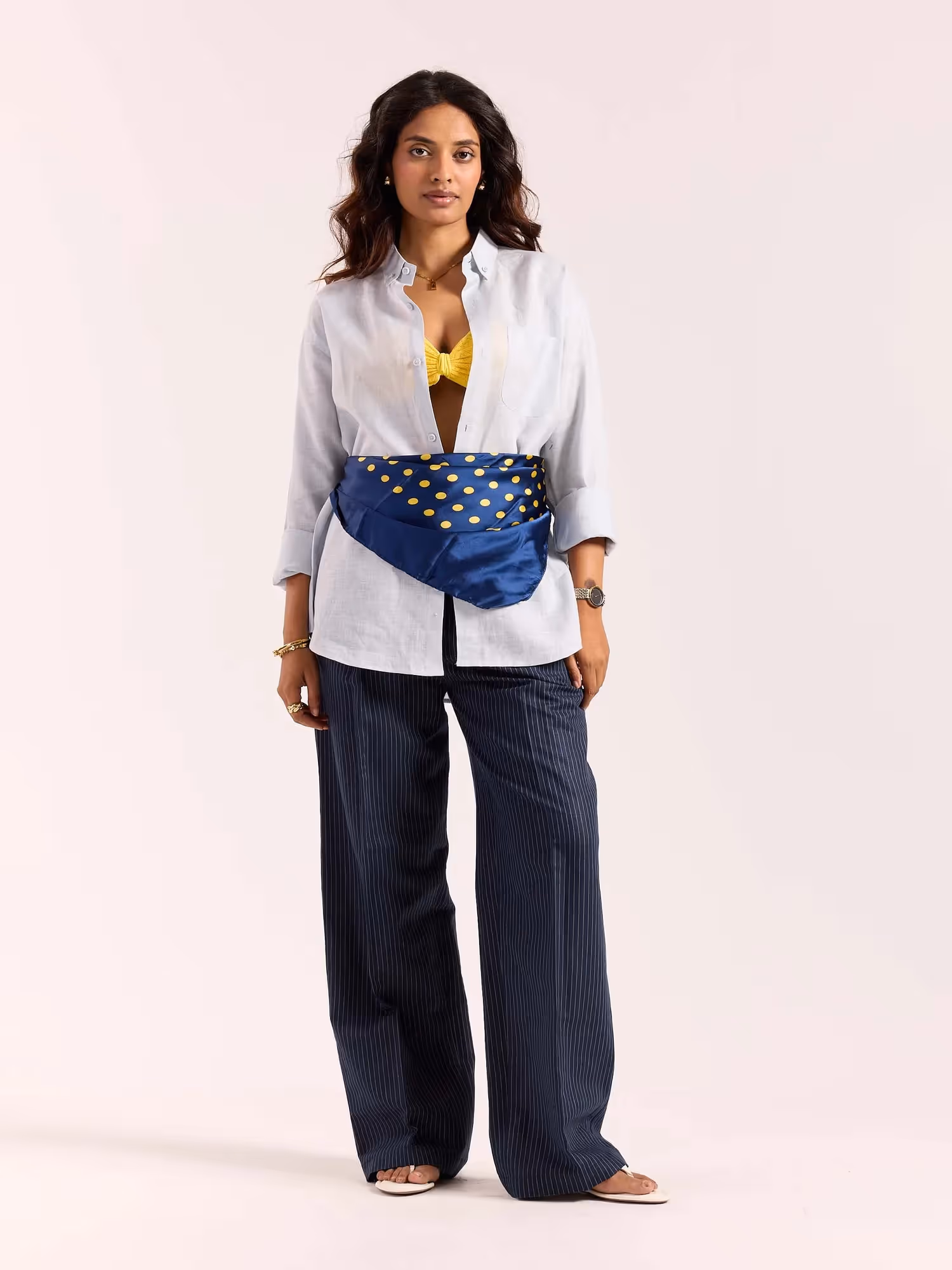Navy Blue Pinstriped Linen Baggy Fit Trousers image 2