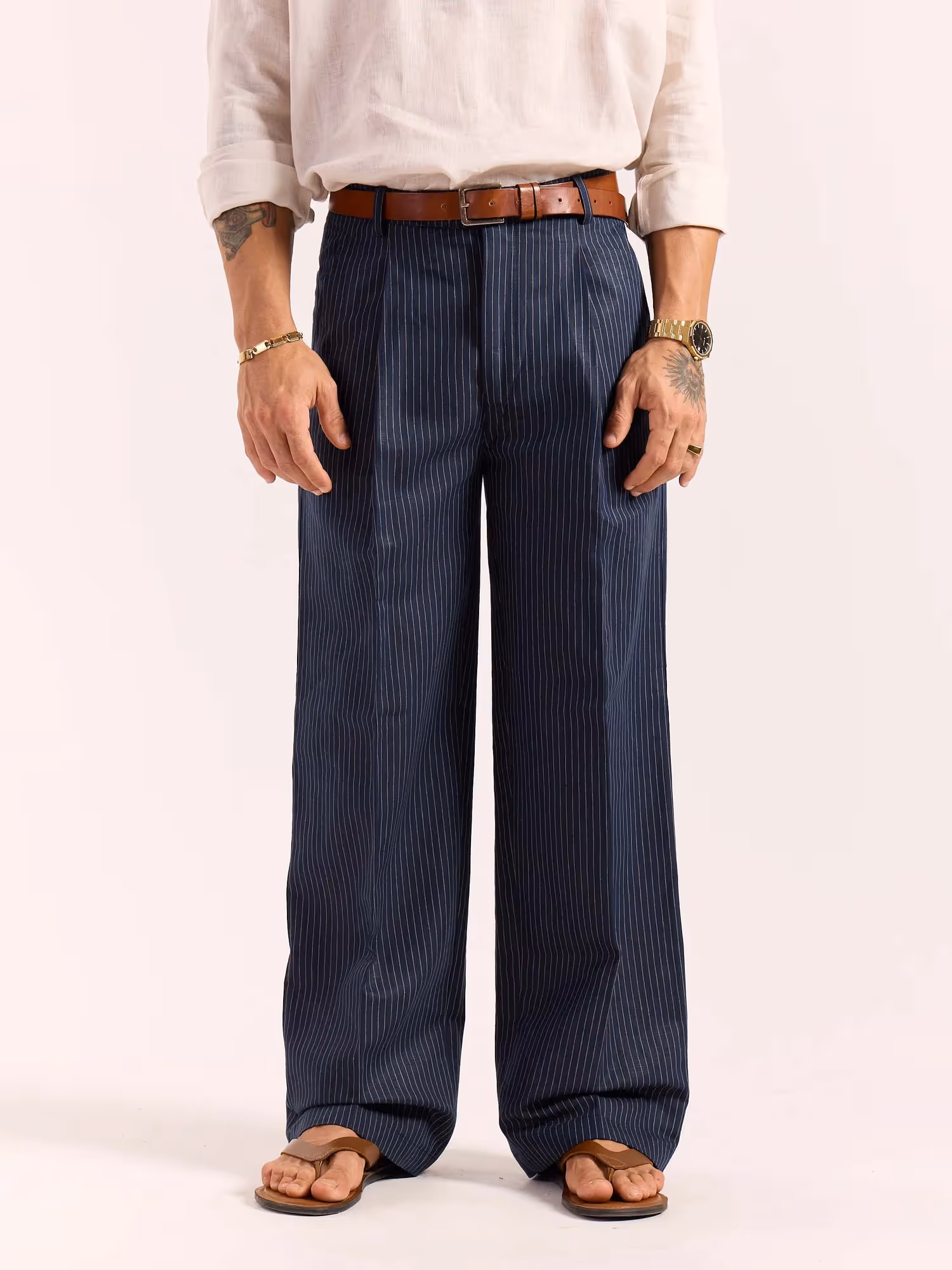 Navy Blue Pinstriped Linen Baggy Fit Trousers image 3