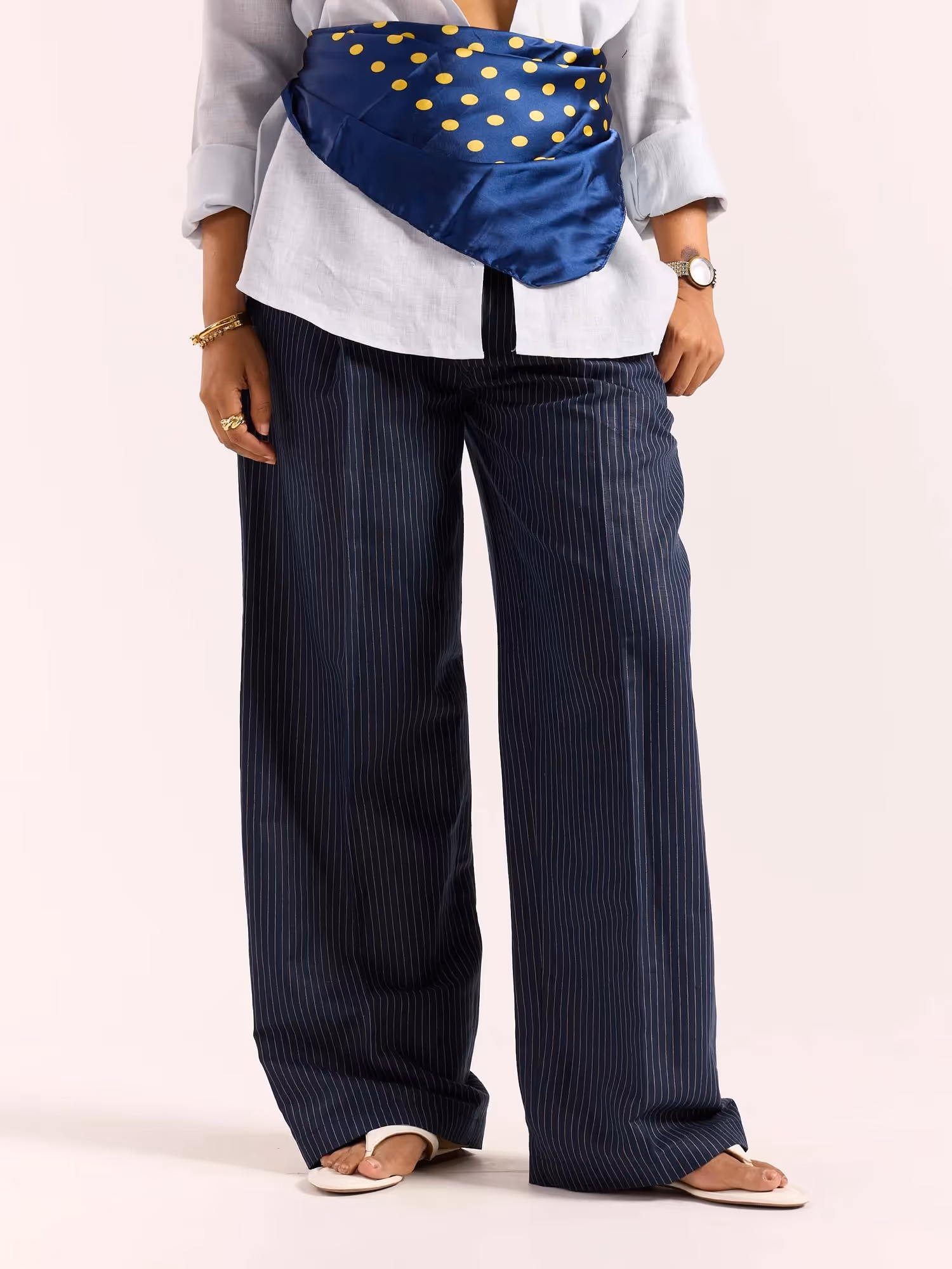 Navy Blue Pinstriped Linen Baggy Fit Trousers image 4
