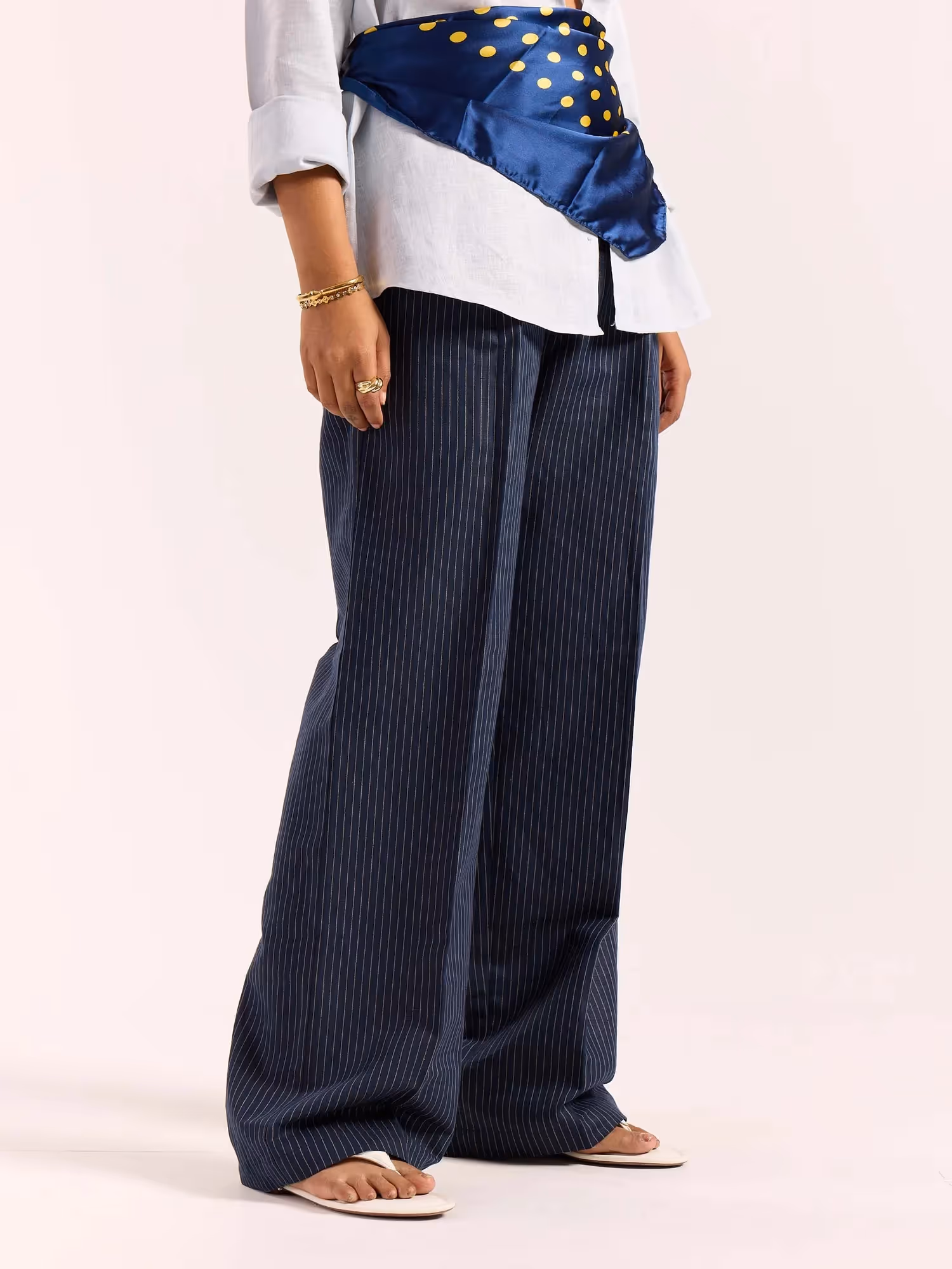 Navy Blue Pinstriped Linen Baggy Fit Trousers image 5
