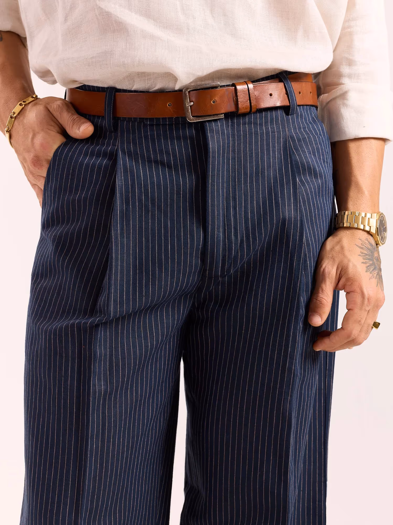 Navy Blue Pinstriped Linen Baggy Fit Trousers image 6