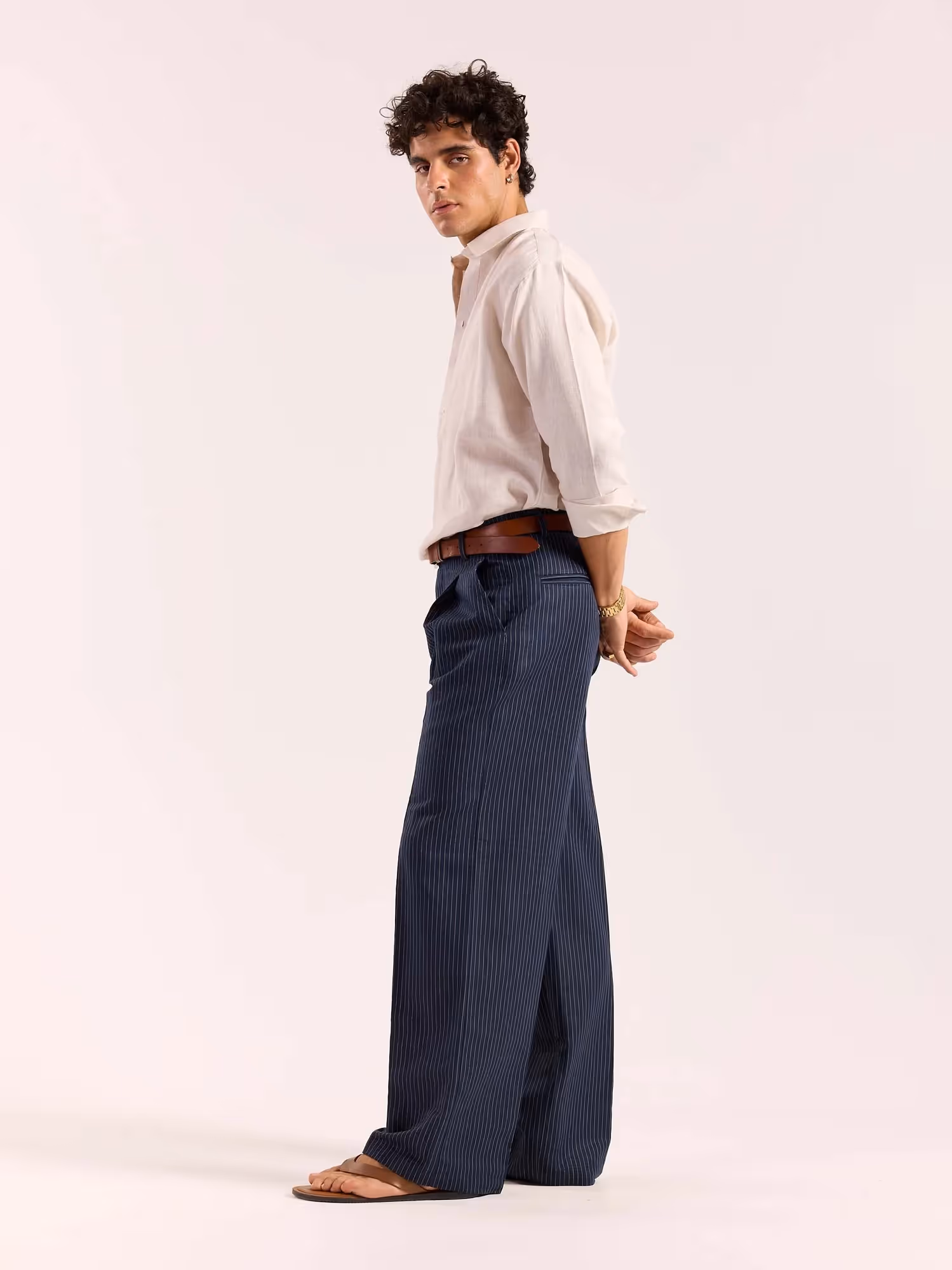 Navy Blue Pinstriped Linen Baggy Fit Trousers image 7