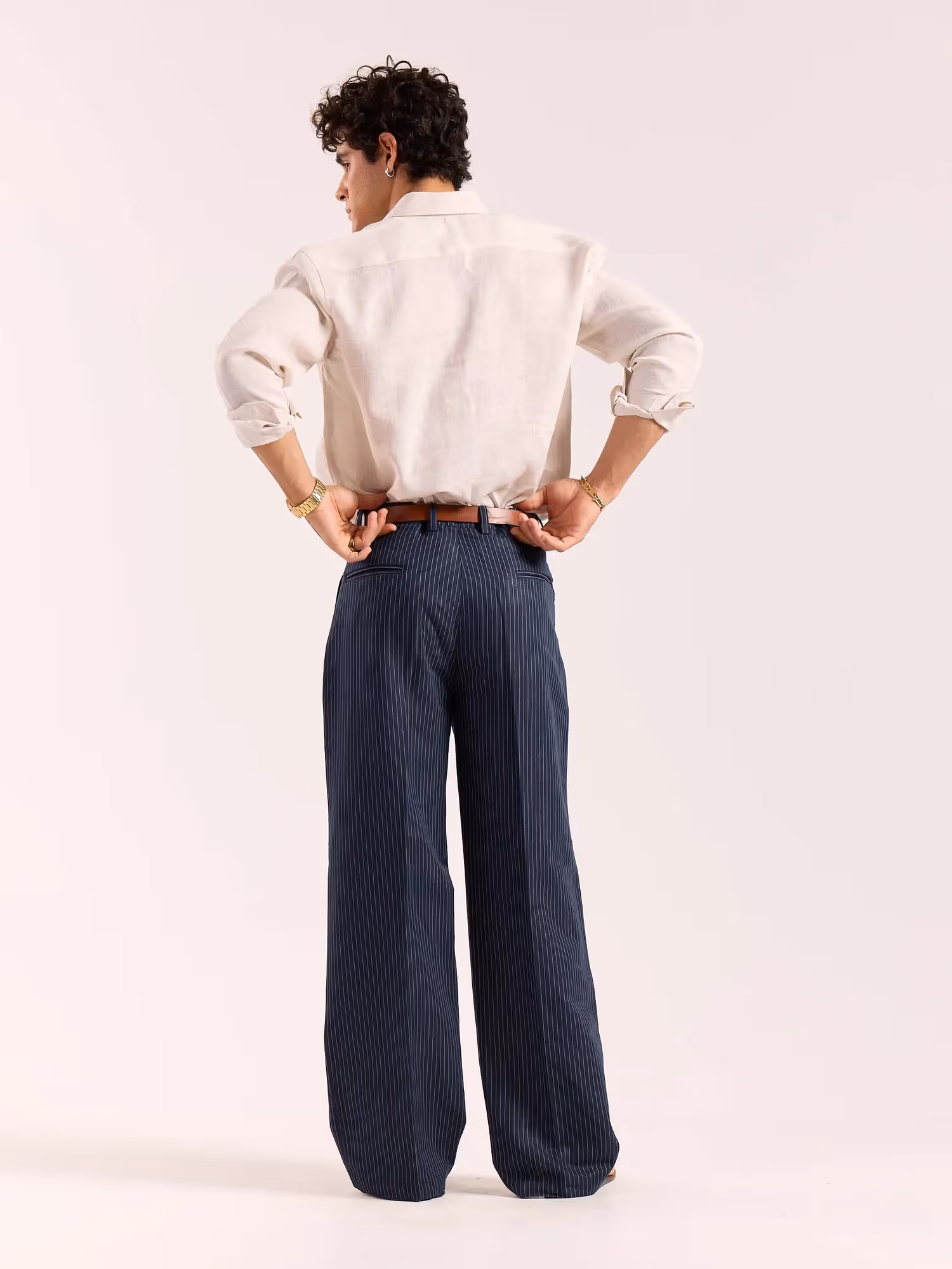 Navy Blue Pinstriped Linen Baggy Fit Trousers image 8