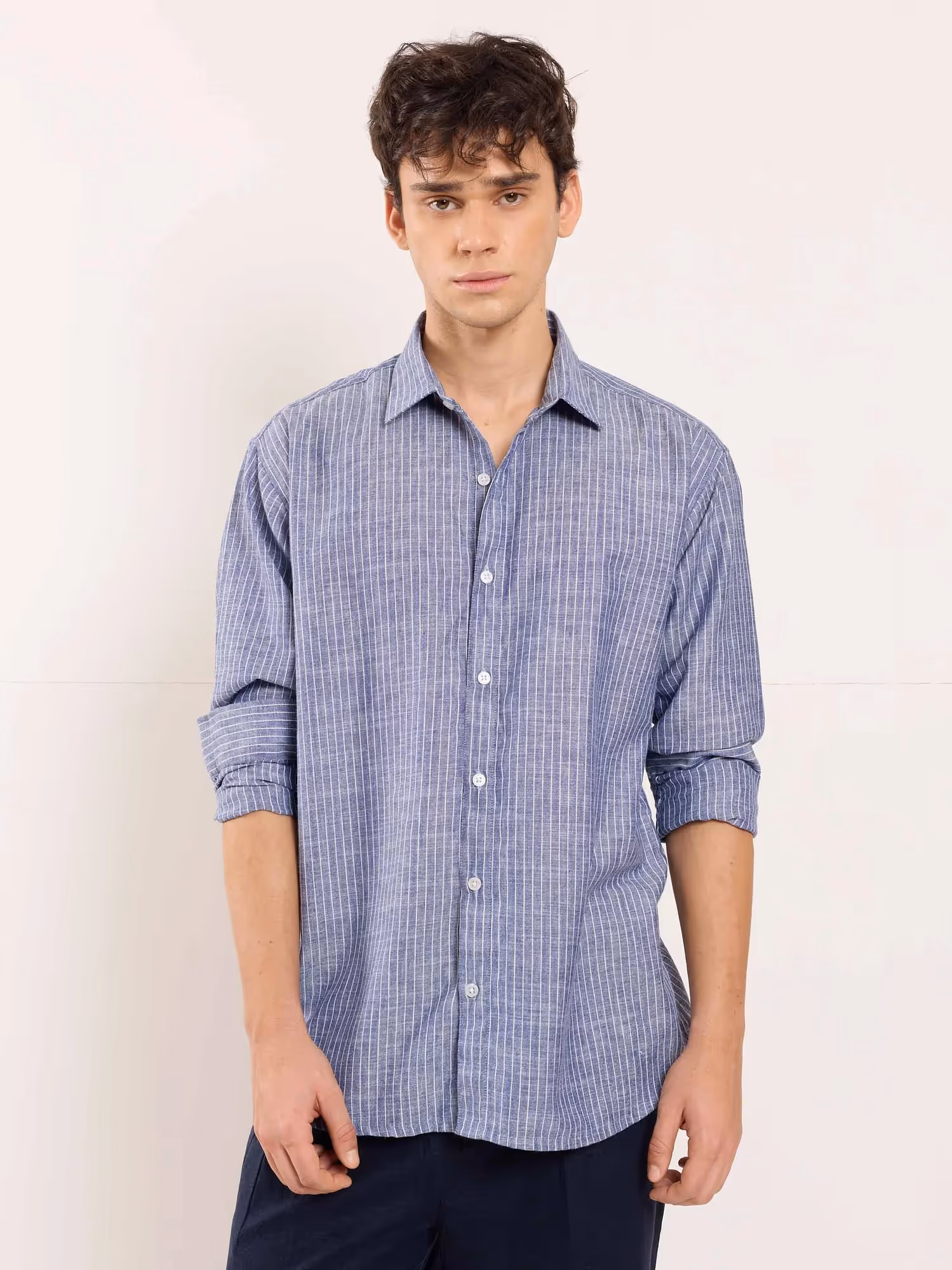 Navy Blue Striped Linen Shirt  image 1