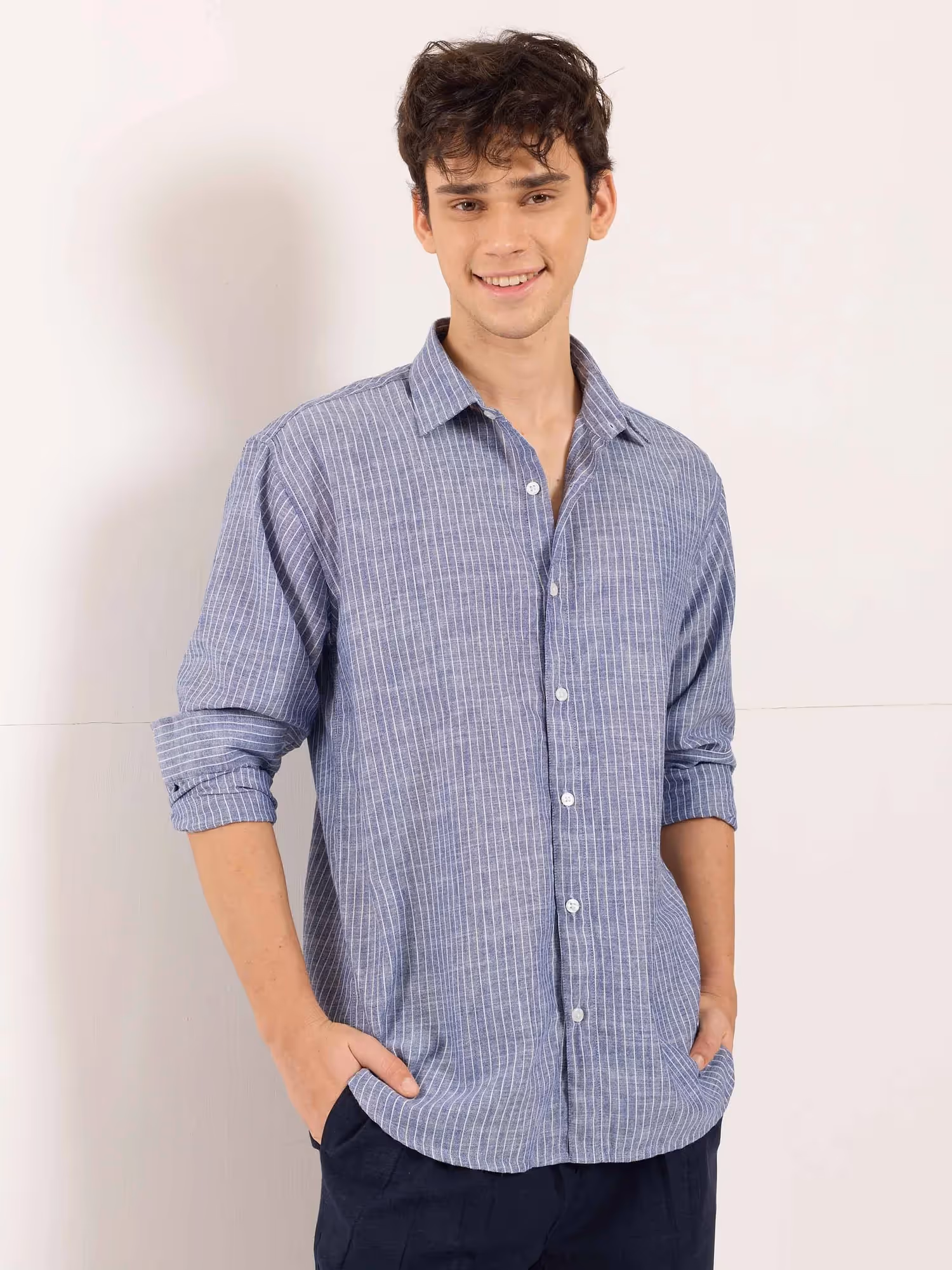 Navy Blue Striped Linen Shirt  image 4